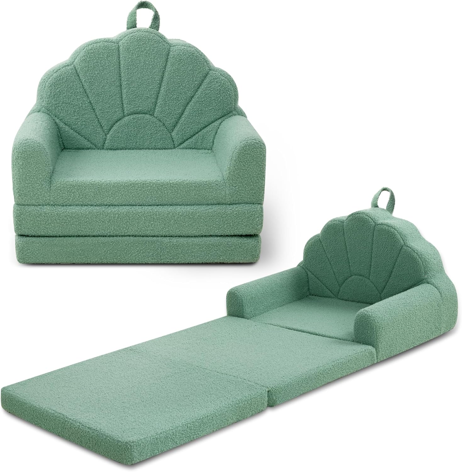 Toddler Chair for Kids, 2-in-1 Soft Couches That Fold Out for Toddler, Convertible Baby Sofa to Lounger for Playroom with Cute Petal Design, Green