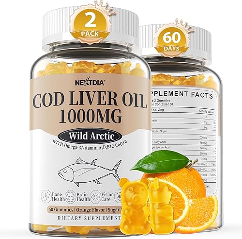 Aceite de hígado de bacalao de 1000 mg gomitas para adultos y niños, con vitamina A y D3, alternativa al aceite de pescado Omega 3, DHA 360 mg y EPA