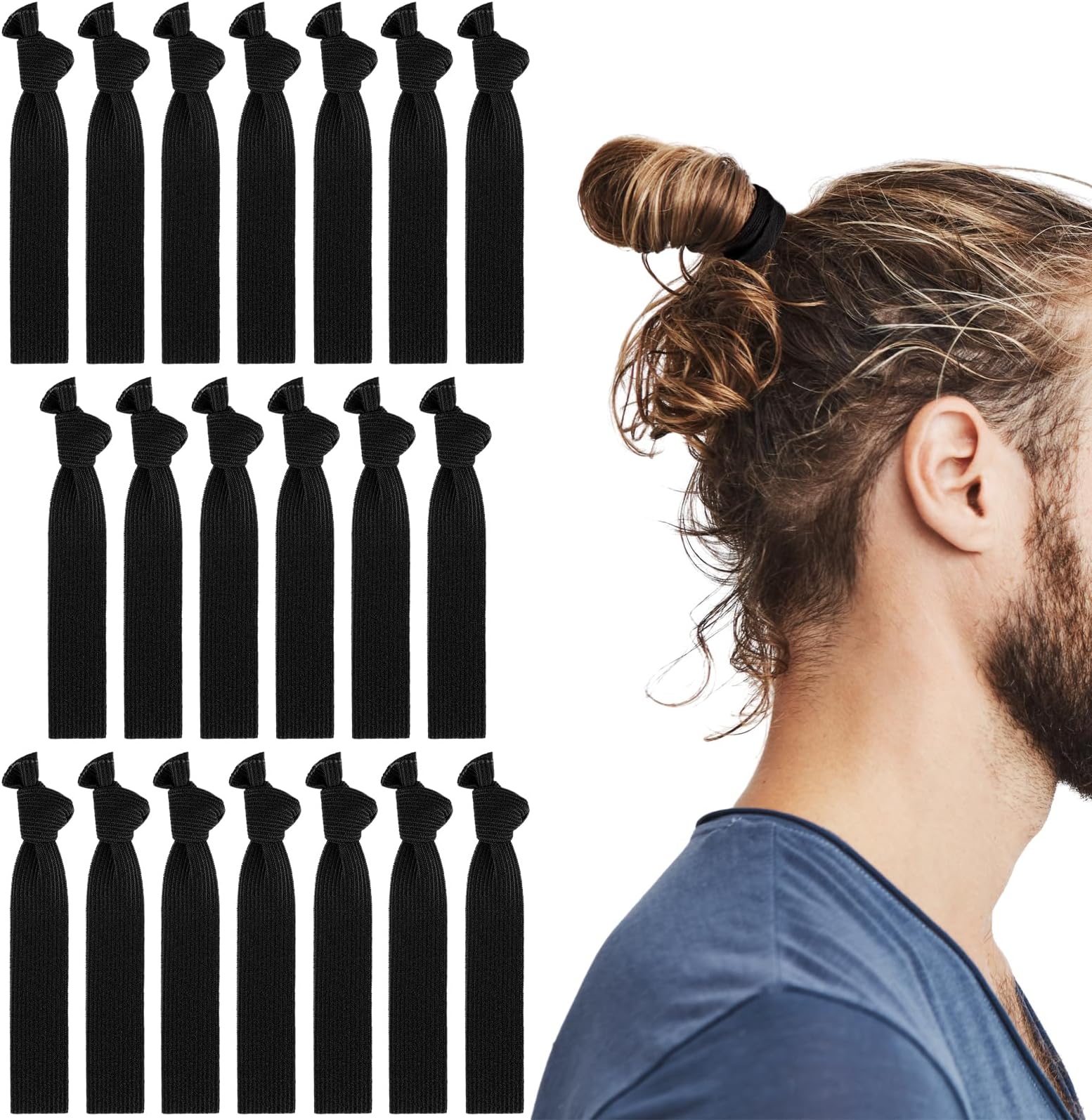 Teaaha Mens Hair Ties 20 PCS Black Knotted for Guys, No Damage With Long Hair, Curly Thick Elastic Bands, No Crease Man Bun, Perfect for Men