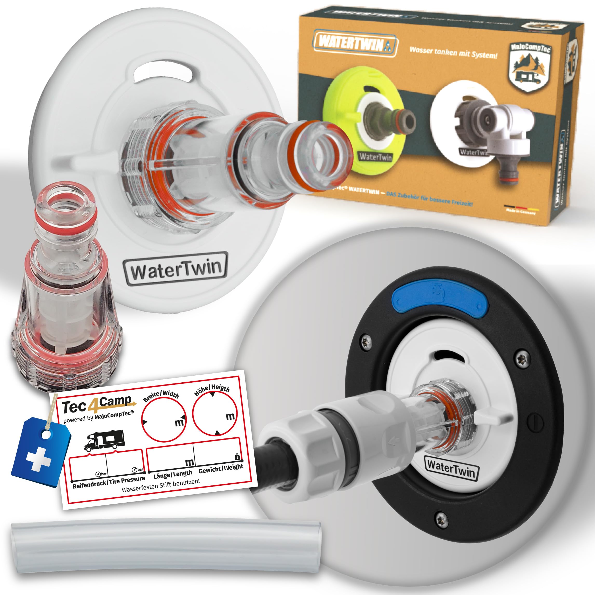 Tec4Camp® WATERTWIN-PRO Tankdeckel mit Wasseranschluss | Adapter mit Filter für Wassertankdeckel 3-Pin D:78 | Wassereinfüllstutzen Befüll Anschluss | Wohnmobil Wohnwagen Zubehör