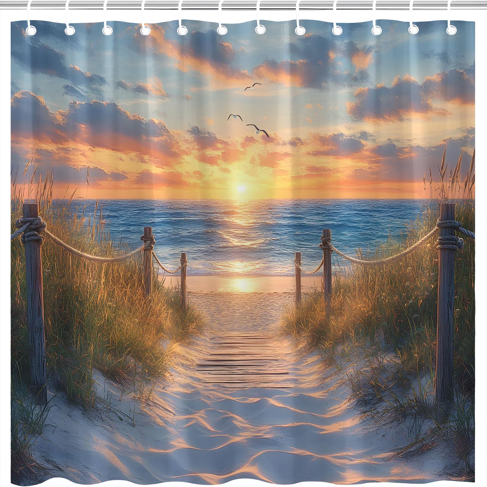 Summer Beach Sunrise Shower Curtain Tropical Ocean Sunset Coastal Pathway Sea Sand Beach Sun Sand Hawaii Landscape Nautical Seashore Seascape Bathroom