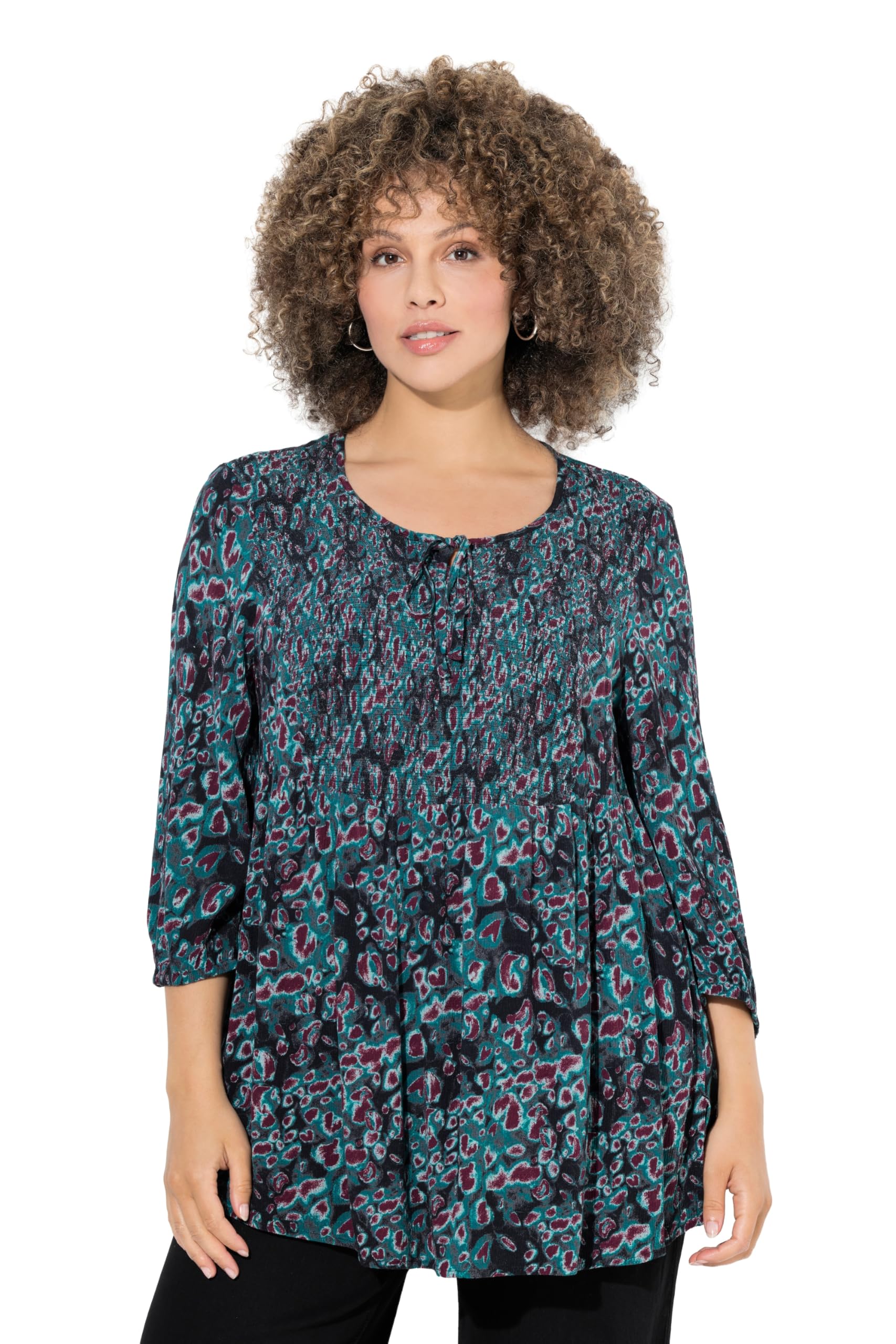 Ulla Popken Damen große Größen Übergrößen Plus Size Smokbluse, Leomuster, A-Linie, Rundhals, 3/4-Arm 843659