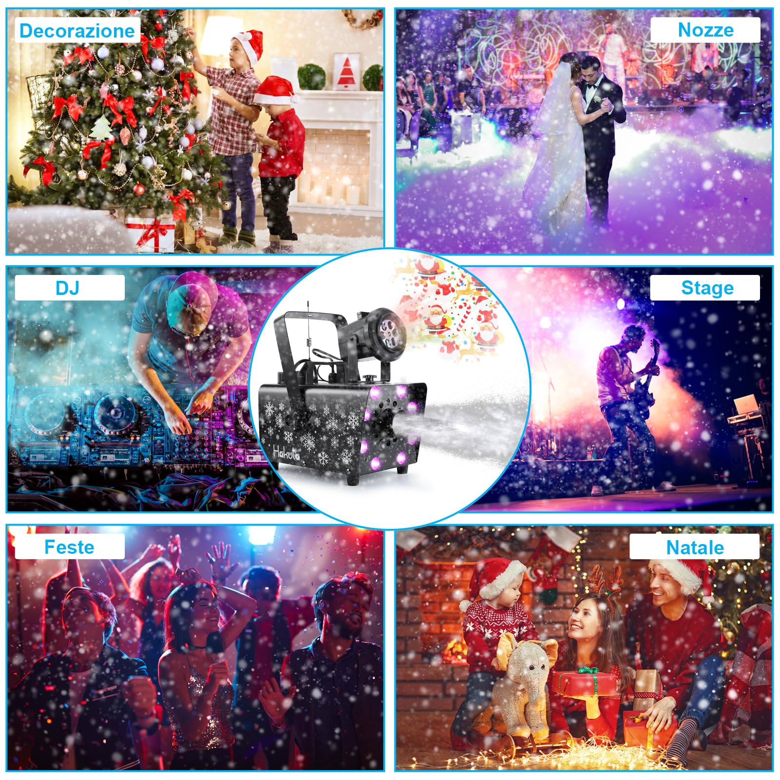 HAKUTA Macchina della neve 800W aggiornata con 8 luci LED RGB, proiezione LED e 2 telecomandi wireless, perfetta per Natale, Halloween, feste, matrimoni e DJ Stage