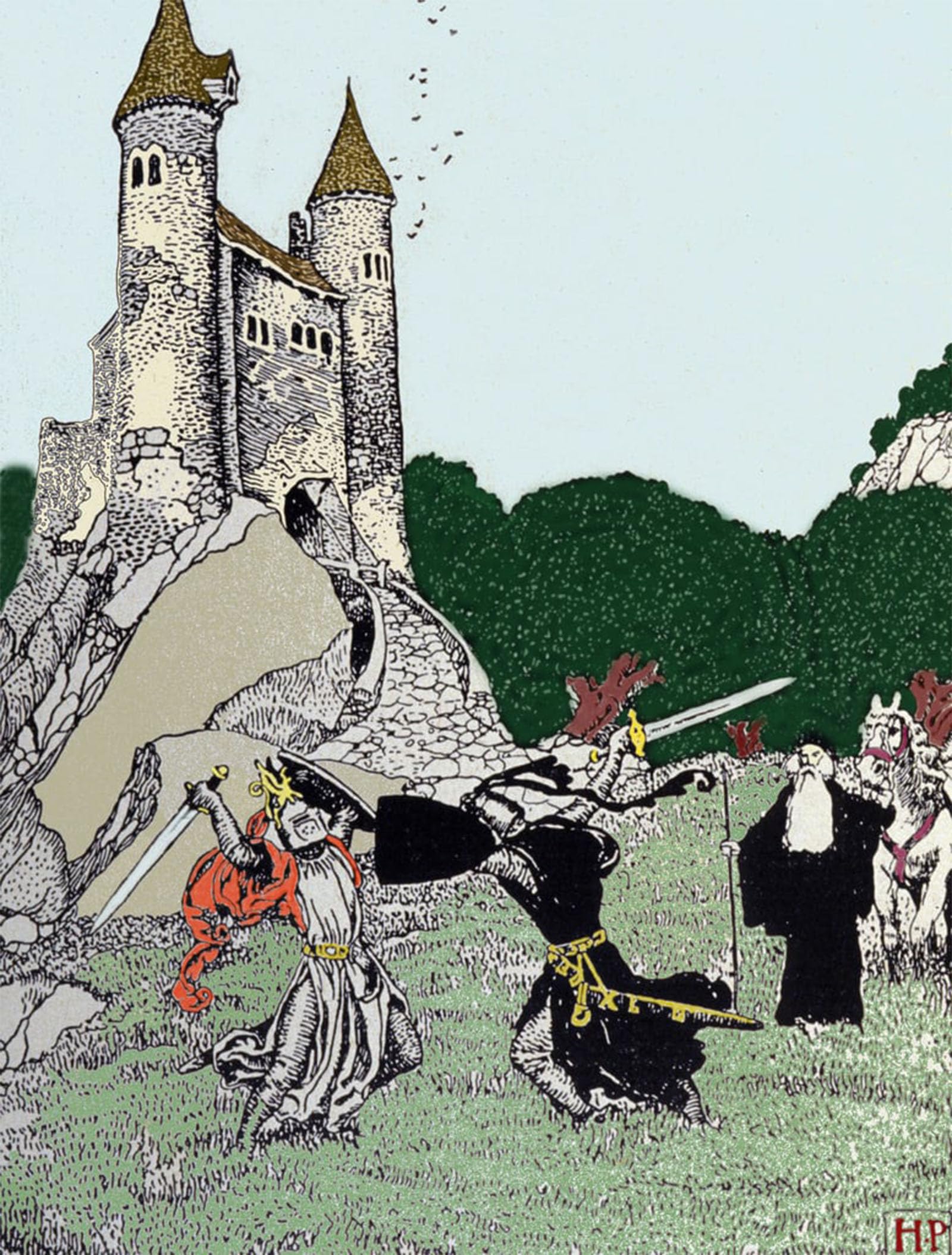 POSTERIIk Vintage Print Pop Art Landscape Artwork Battle Between King Arthur and the Black Knight in by Howard Pyle Art Prints for Office Home Decor 60x90cm