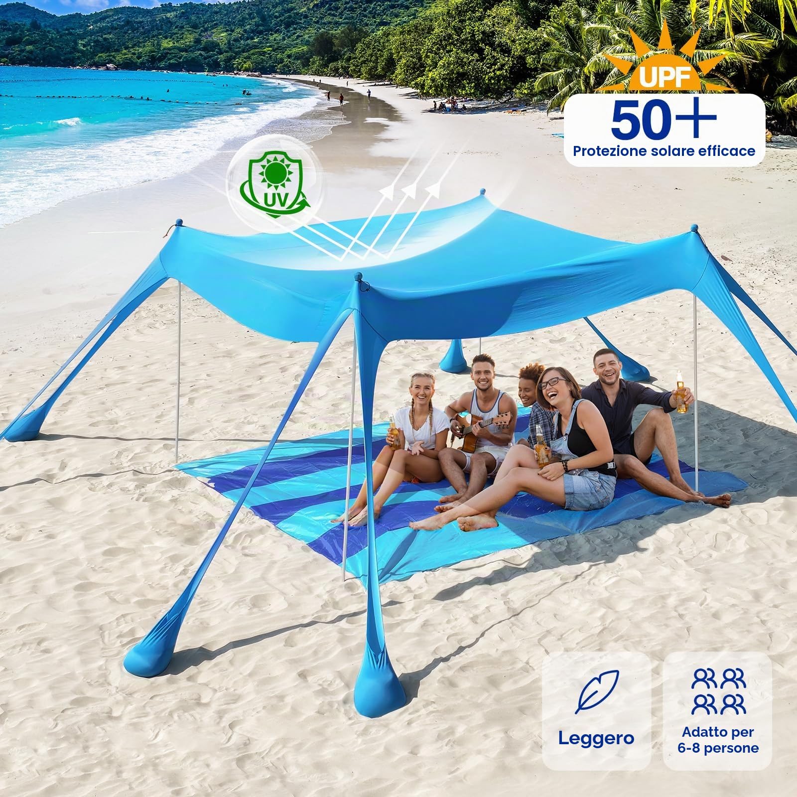 Rhino Valley 3x3m Tenda da Spiaggia Ultra Stabile Portatile, Protezione UV UPF50+ Tenda da Mare Super Antivento con 8 Ancoraggi a Sabbia Riempibili e 4 Aste in Alluminio
