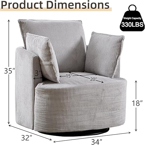Miniatura 2 de CANMOV Silla giratoria con diseño de barril giratorio de 360 con 3 almohadas, cómodo sillón redondo de pana para sala de estar, dormitorio, sala de