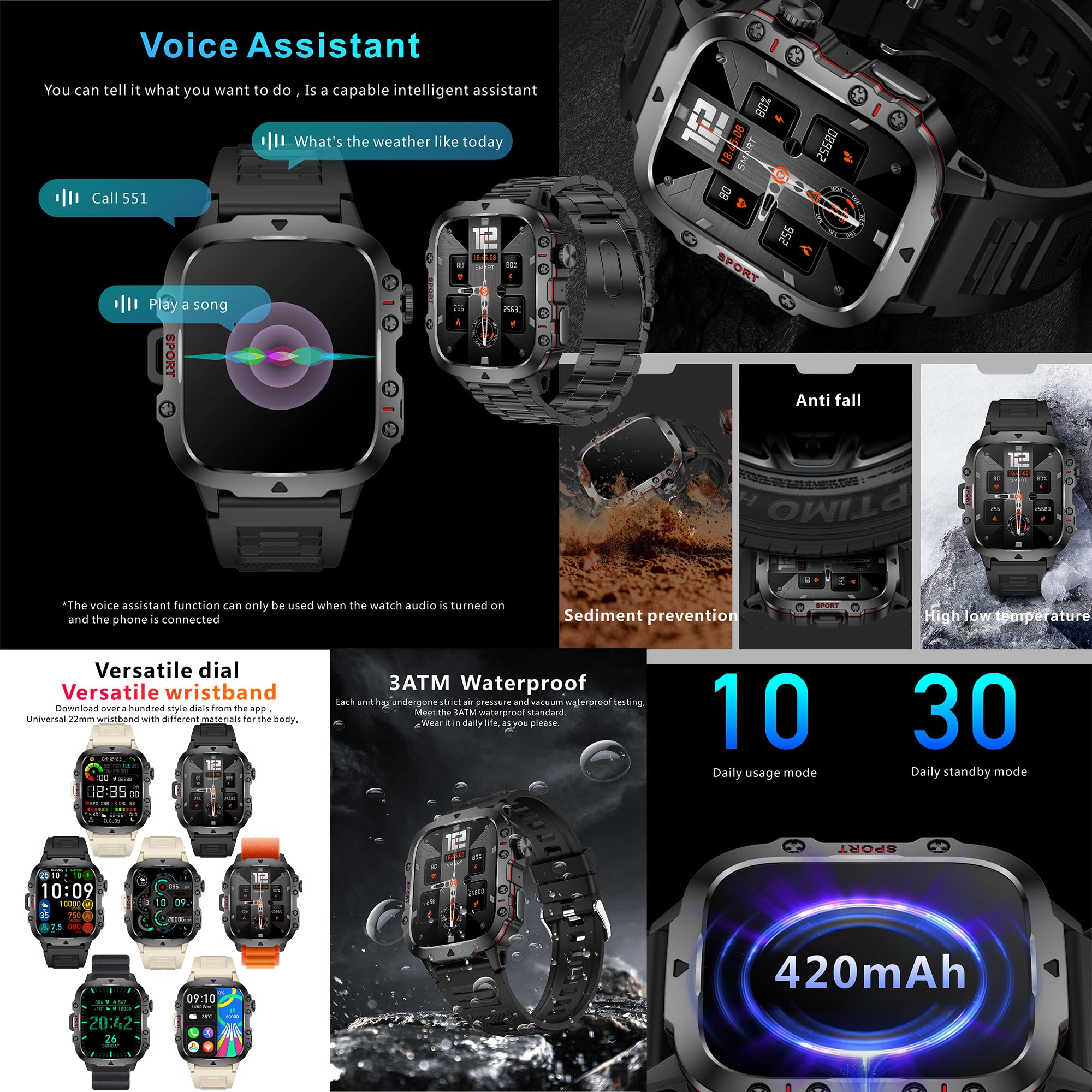 Reloj Inteligente Hombre con Llamadas, 1,96 Pulgada Smartwatc Hombre Deportivo con Podometro Pulsometro SpO2 Sueño Presion Arterial Actividad 3ATM Reloj Digital para iOS Android (Negro)