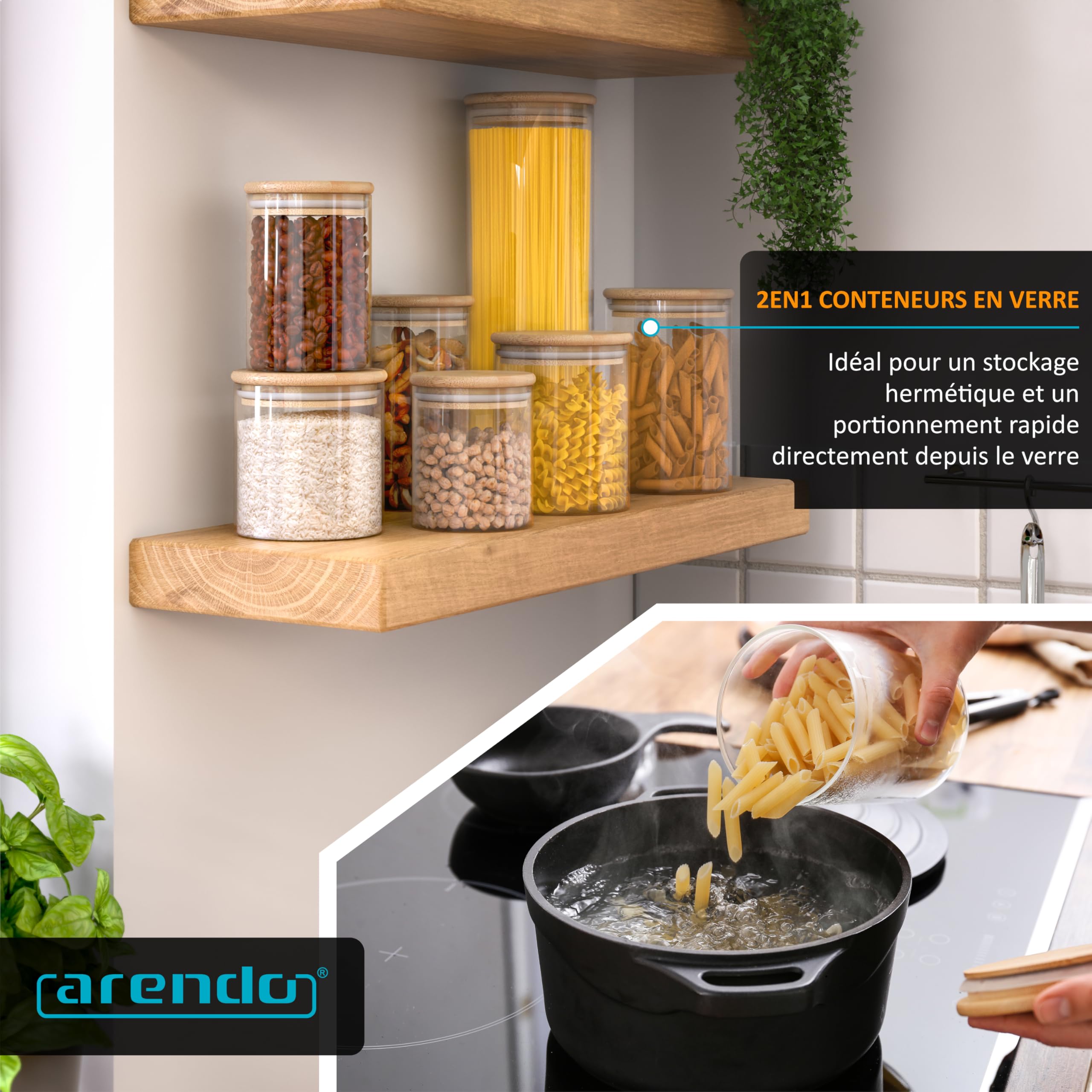 arendo - Set de 3 Récipients en Verre Hermétique Rond, Tailles de 10 x 28 cm / 2,1 litres, Verre borosilicate Boîte Conservation Alimentaire, Couvercle en Bambou, Joint en silicone