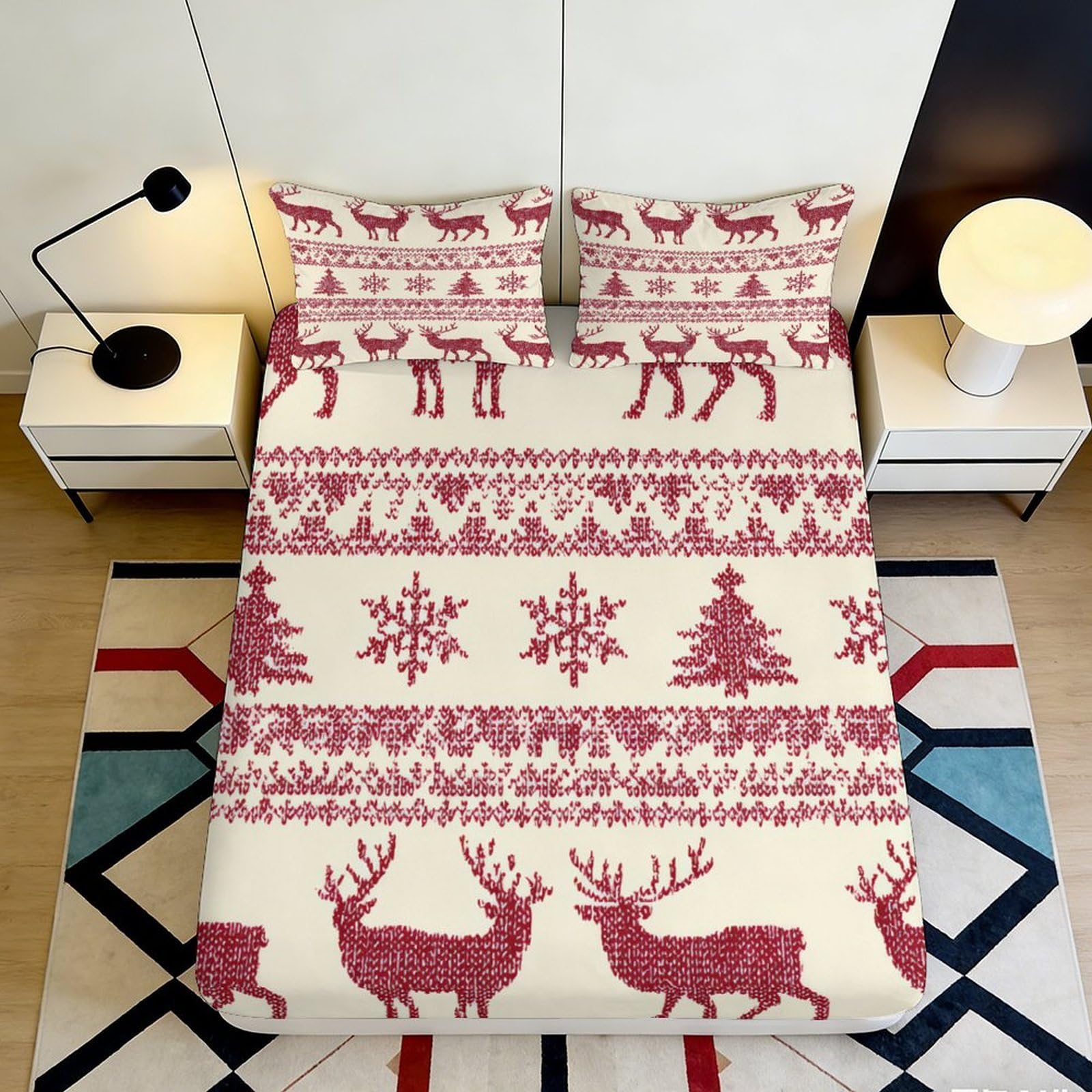 Pnayamiorkfel Style-10 3D Printed Red Reindeer Snowflake Fitted Sheet Microfiber Soft Bed Cover For Bedroom Guest Room Dorm Decor 90X200x25cm