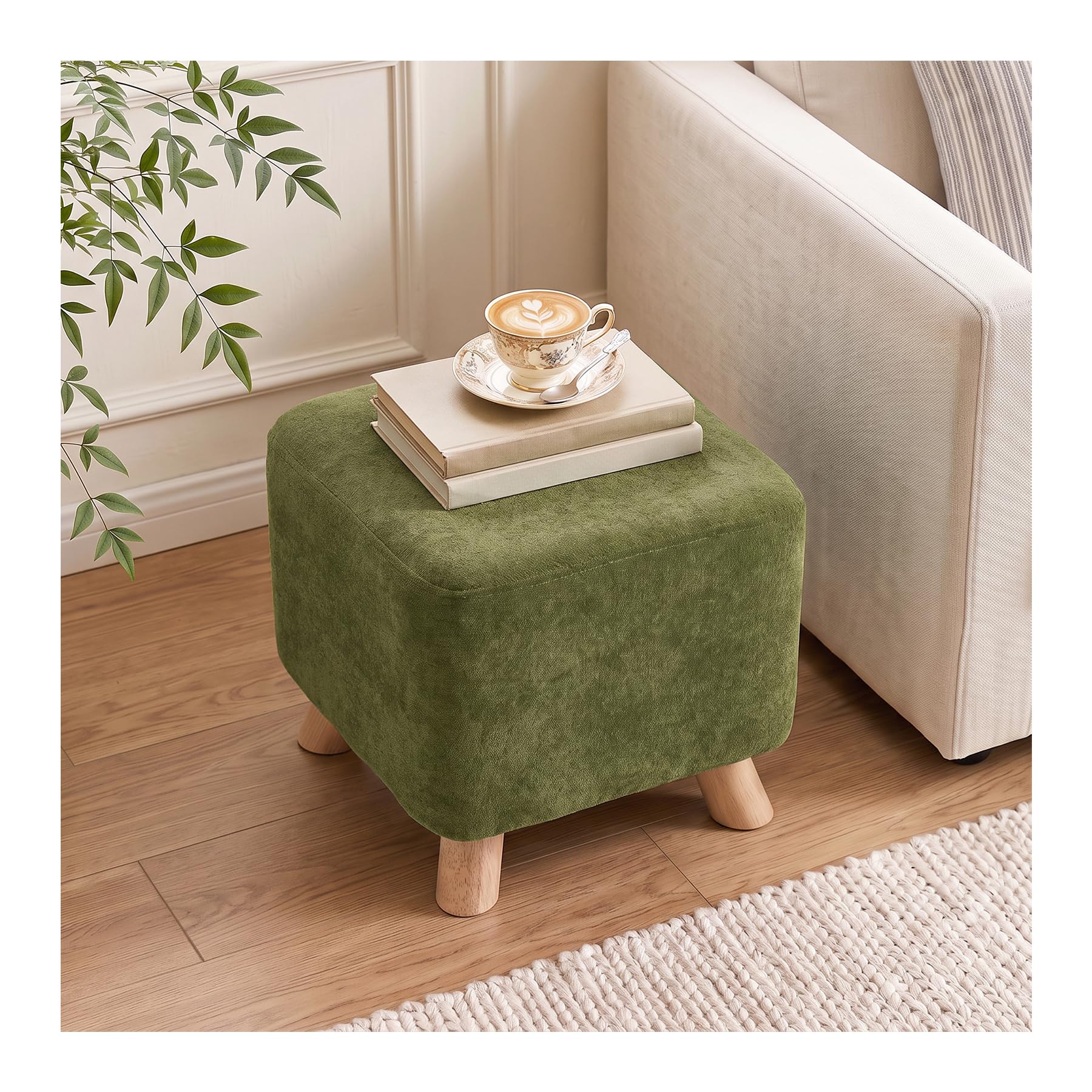 INMOZATA Footstool Chenille Upholstered Foot Stool, Olive Green, 28D x 28W x 26H cm