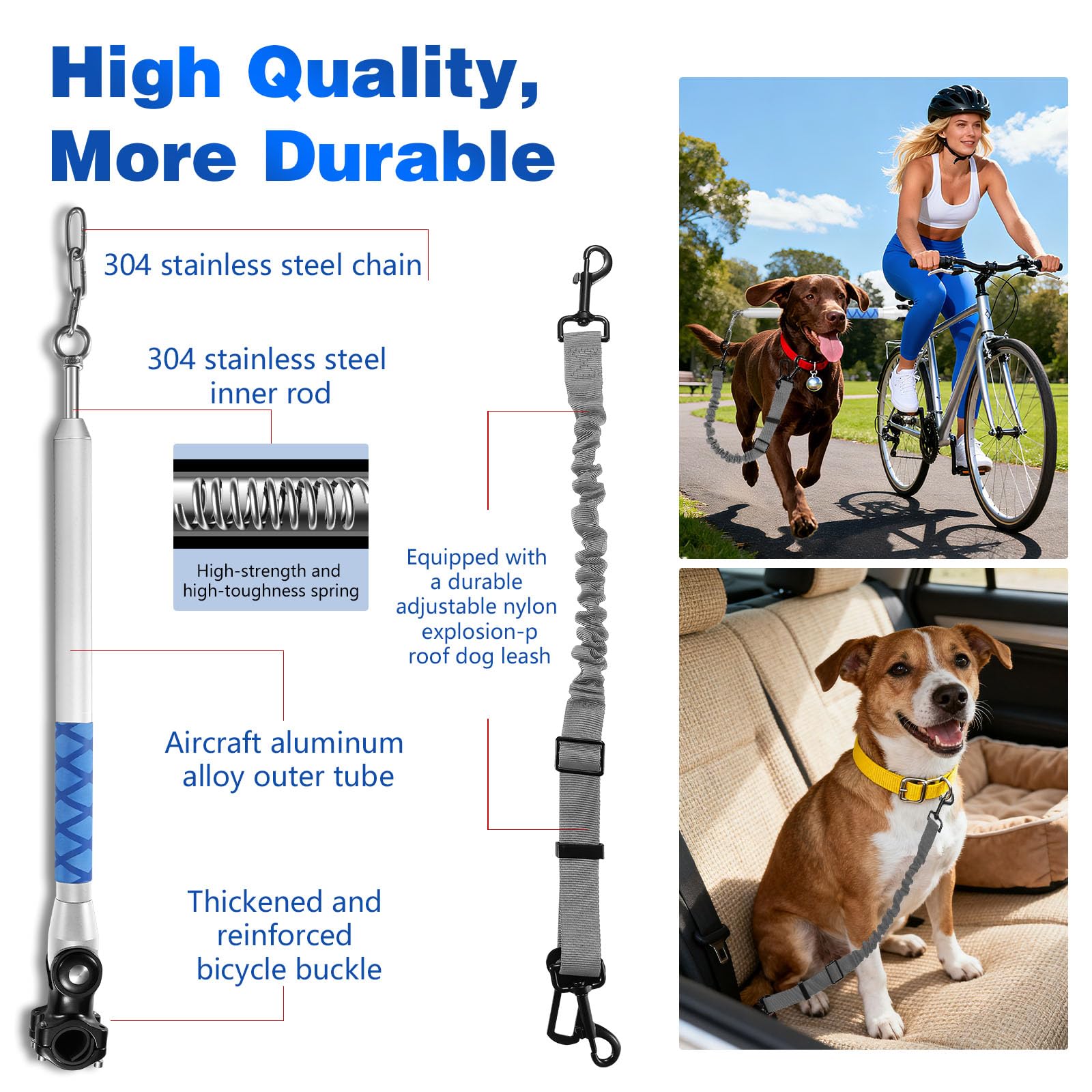 guinzaglio cane per bici, 150 ° rotante, Guinzagli di ammortizzatori integrati, Ciclismo, Cintura di sedile auto regolata in nylon elastico (silver)