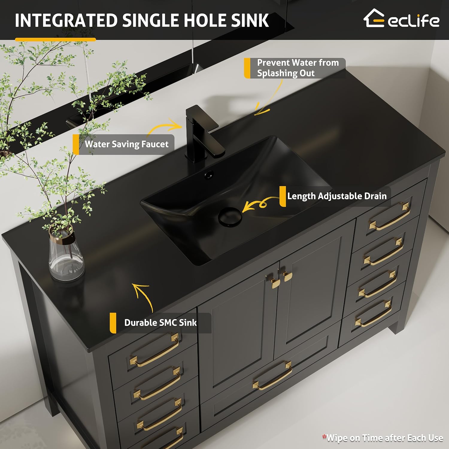 eclife 48" Bathroom Vanities with Sink Combo, Modern Freestanding Painted Bathroom Storage Cabinet w/Undermount Single Black Sink, Include Faucet and Drain, Black