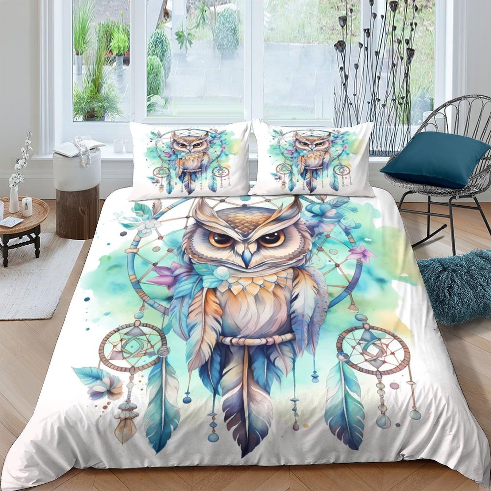 Ctjqhvkz Style-9 3D Printed Dreamcatcher Owl Fitted Sheet Microfiber Soft Boho Watercolor Bed Cover For Bedroom Dorm Mattress Decor Single（135X200cm）
