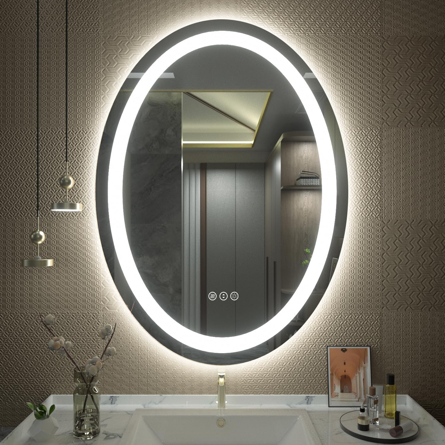 LED Bathroom Designer Mirror - Oval Shape Wall Mounted Mirror with 3 Tone Light Size 24L x 18W Inches-image-45