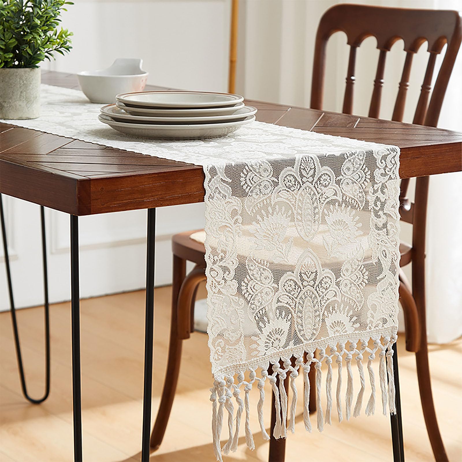 KLUSIET Long Table Runner with Tassels, Macrame Table Runners, Woven Lace Table Runner, Farmhouse Table Runner for Home Dining Table Décor(70.8in,D)