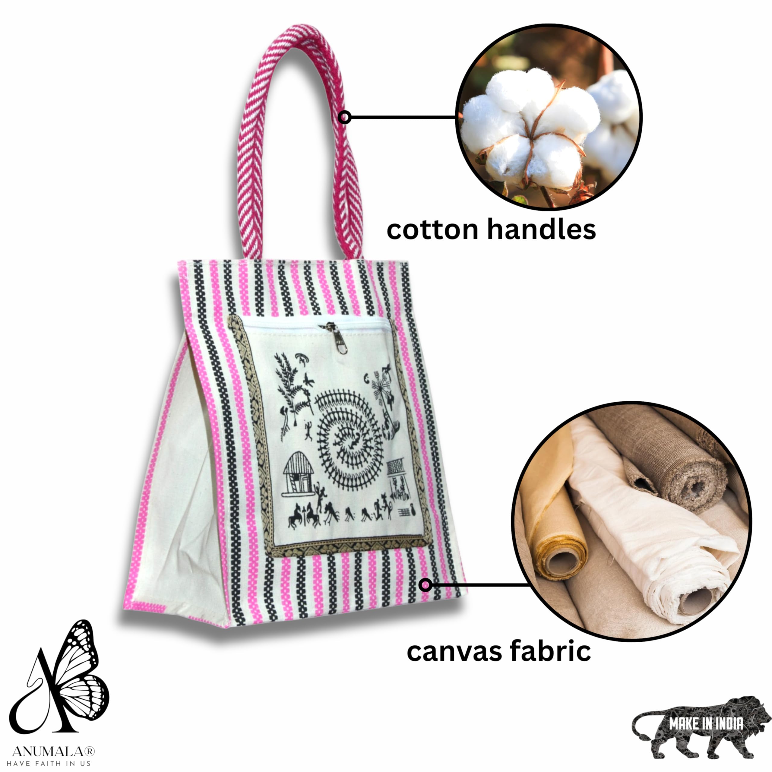 Anumala® Eco-Friendly Canvas Bag with Warli Art - 11x6x12 inch - Multipurpose Tote for Shopping, Grocery, Gifting & Daily Use - Handcrafted Reusable Bag with Zip Pocket (2) 2
