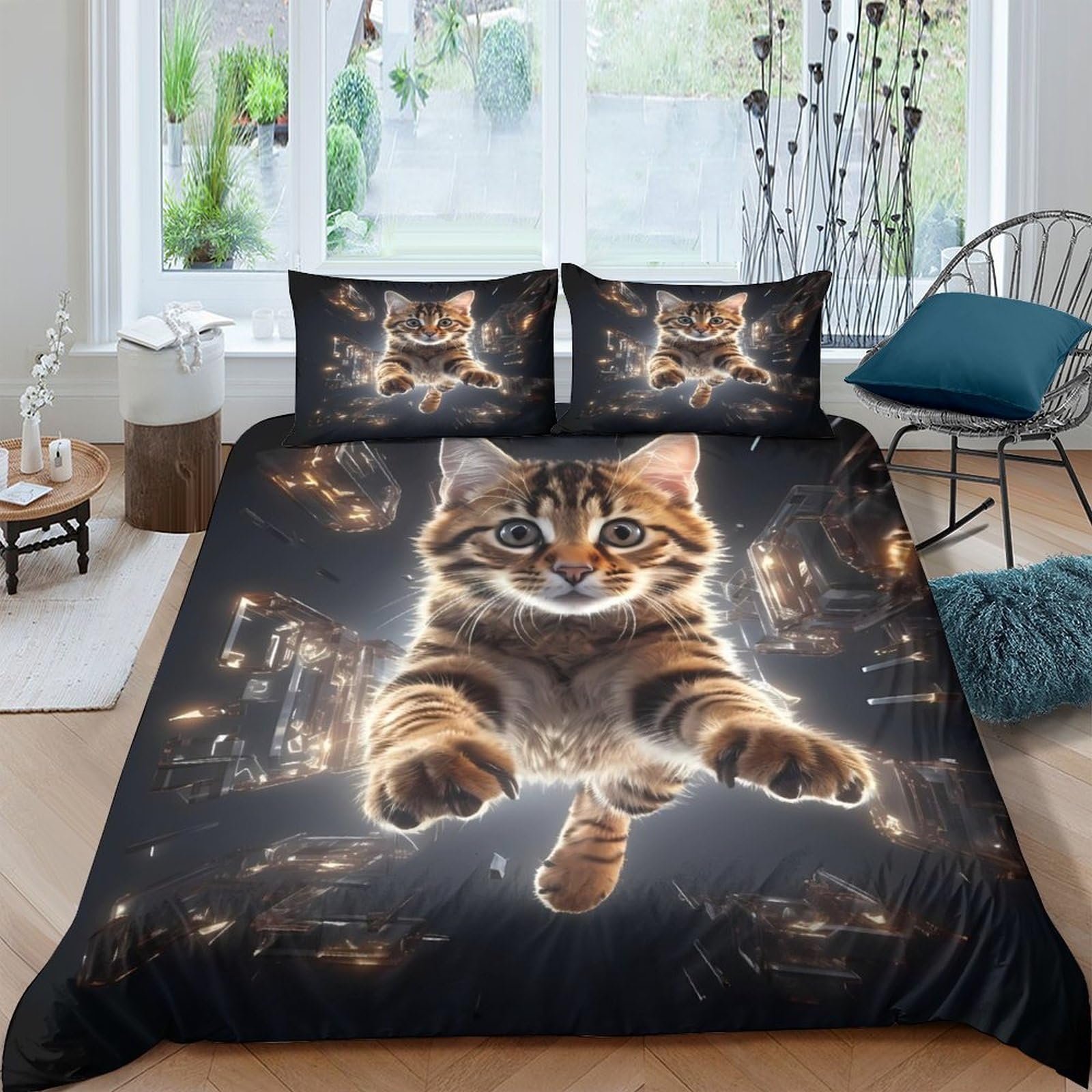 Ctjqhvkz Style-5 3D Printed Lively Tabby Cat Fitted Sheet Microfiber Soft Bedroom Decor, Glowing Cat Mattress Cover Washable Anti-Slip For Home Guestroom Single（135X200cm）
