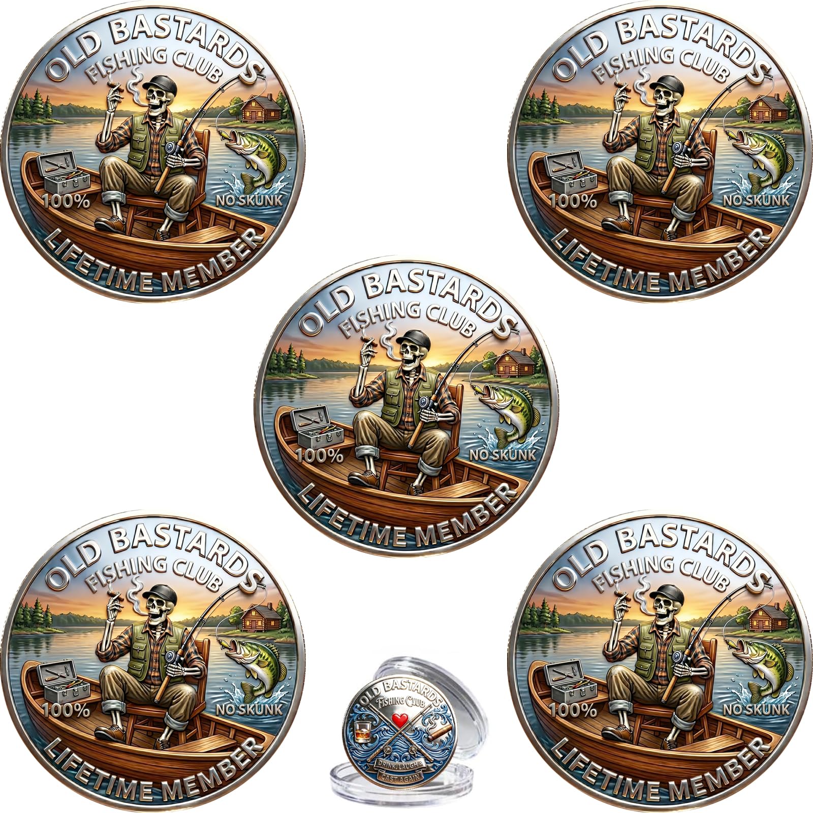 The Eternal Fishermans Challenge Coin, Old Bastards Fishing Club Challenge Coin, Funny Skeleton Angler "No Skunk" Commemorative Coin, Fishing Gift for Dad, Grandpa, Fishermen, Retirees (5PCS)
