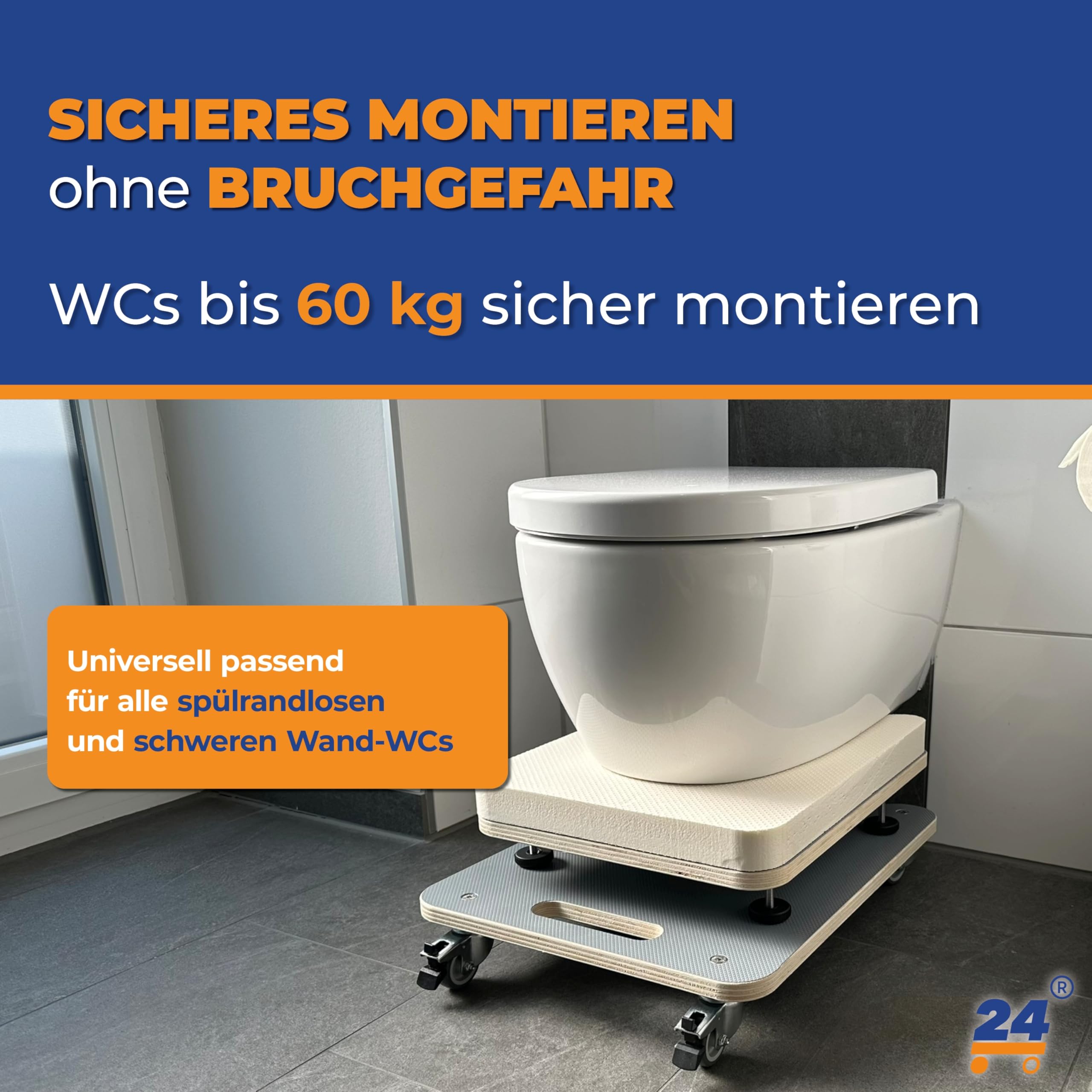 WC-Montagehilfe für wandhängende WCs & BDs – Höhenverstellbares Montage-Rollbrett 125–215 mm, 360° Rollen, bis 60 kg - Entwickelt und Patentiert vom Sanitärprofi