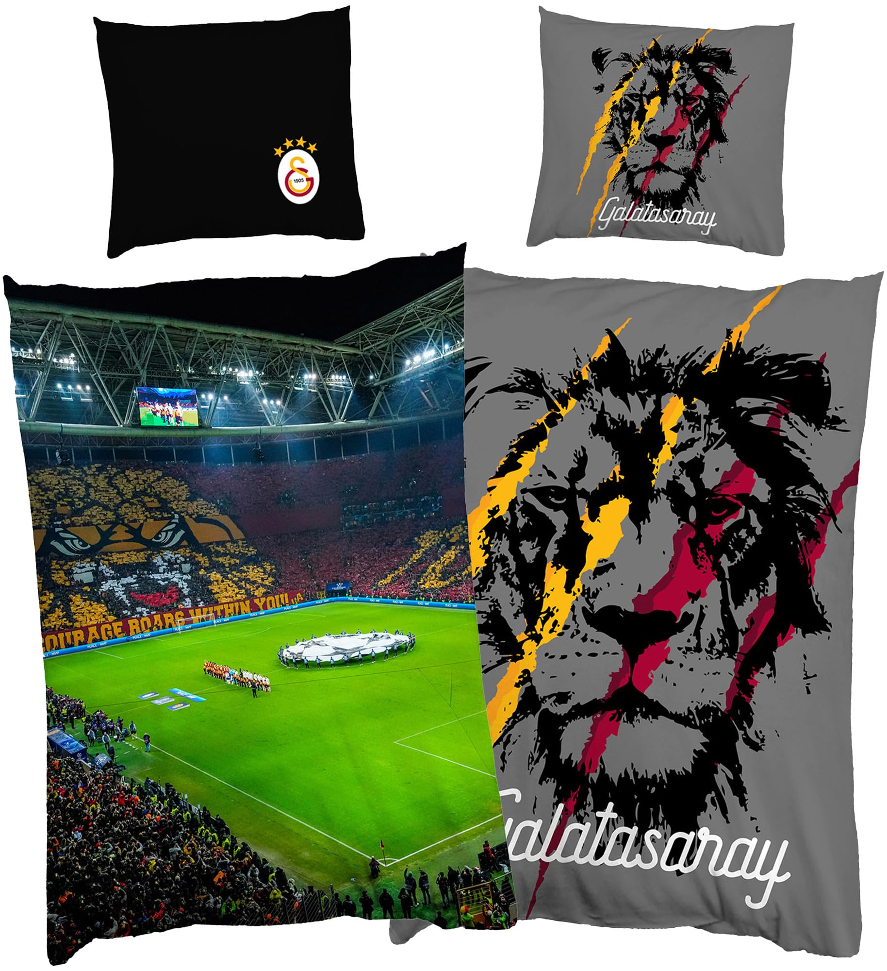 BERONAGE Galatasaray - Ropa de cama de Estambul RAMS Park 135 x 200 cm + 80 x 80 cm, 100 % algodón, calidad de fútbol, estadio GS Aslan Cim Bom, reversible, con cremallera, tamaño alemán