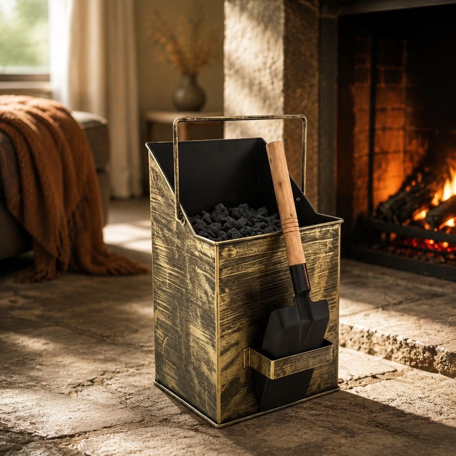 Cubo para Cenizas con Tapa para Horno, Contenedor de Cenizas, Hierro Robusto Y Resistente Al, Abertura Inclinada, Pala de Bronce, Individual