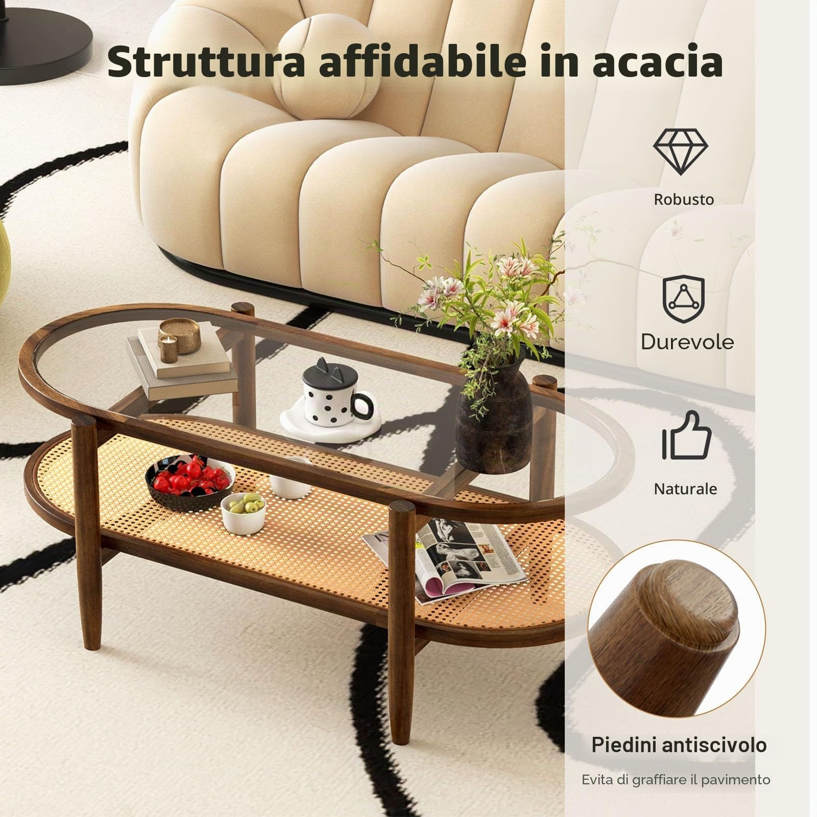 LIFEZEAL Tavolino Salotto, in Legno Massello e Vetro, Tavolino da Caffè, da Soggiorno, Moderno, Basso, Ovale, a 2 Ripiani, con Decorazione in Rattan, Max 90 kg, 102x46x47 cm, Marrone Rustico