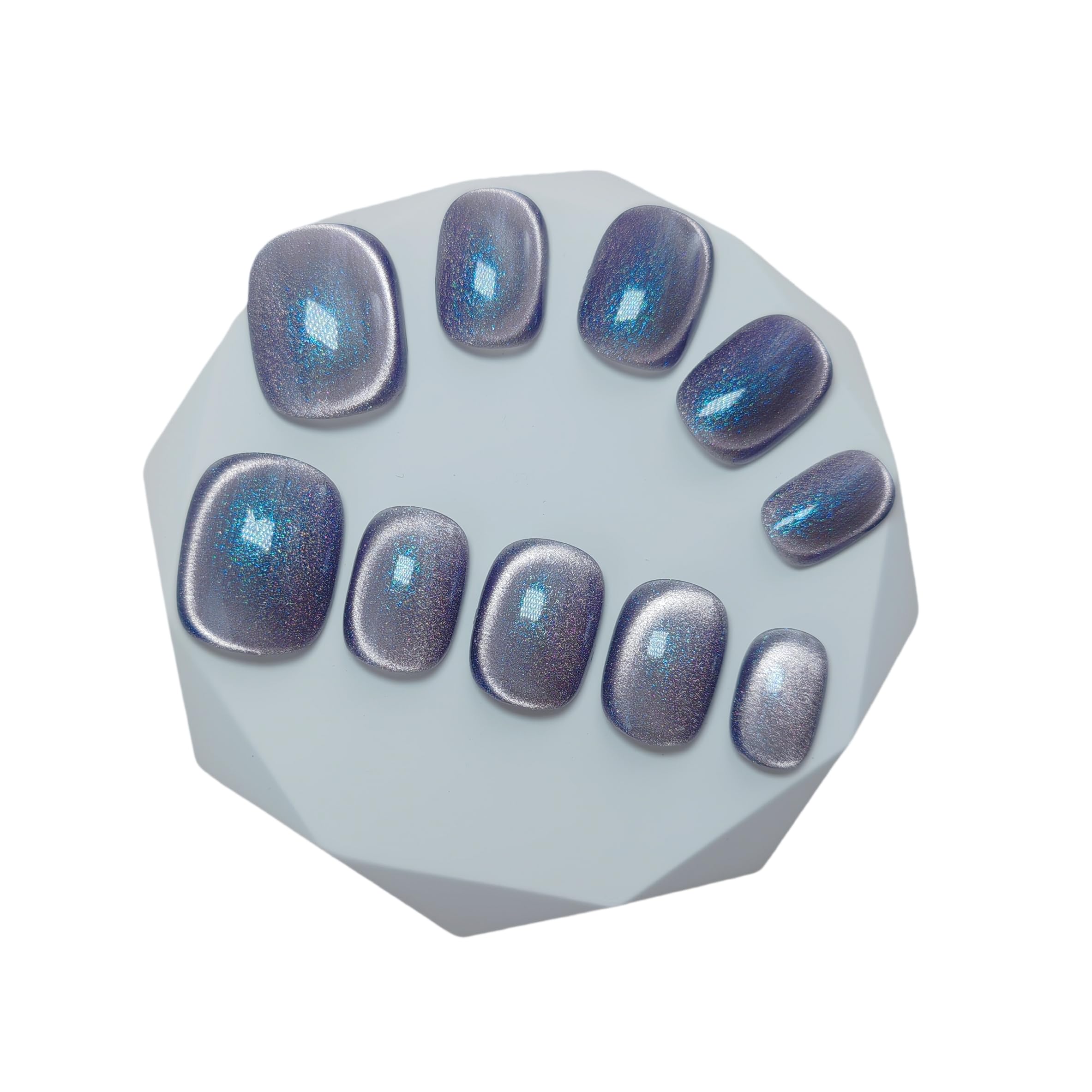 Cat Eye Press on Nails Handmade Short Oval/Square/Round False Nails with French Tip/Aurora/Magnetic Shimmer Designs (Side#Mermaid Scale, Large)