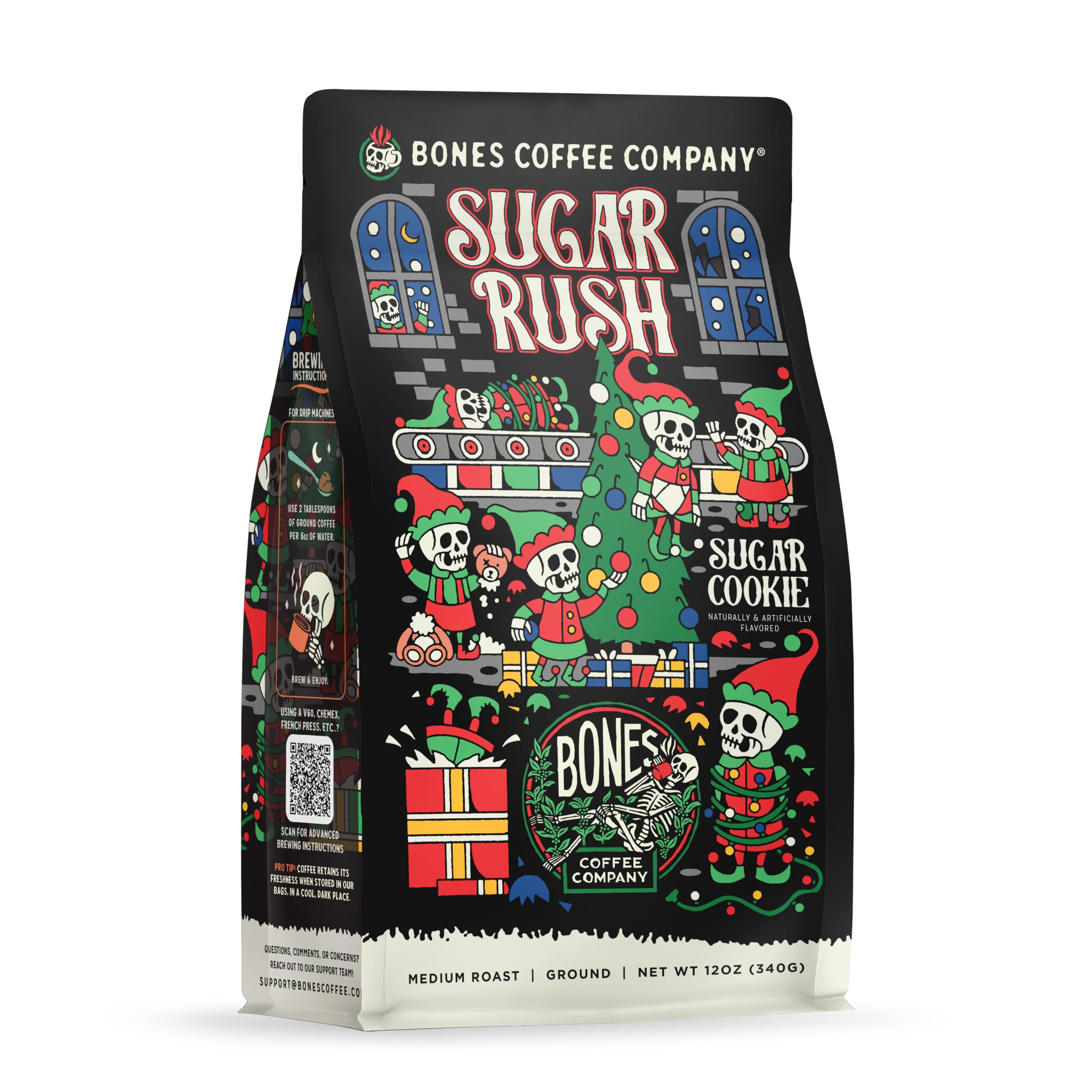 Bones Coffee Company Sugar Rush, Sugar Cookies Flavored Coffee, Medium Roast Low Acid Arabica Beans Compatible with Auto drip and French Press Coffee Maker, 12 Oz Ground