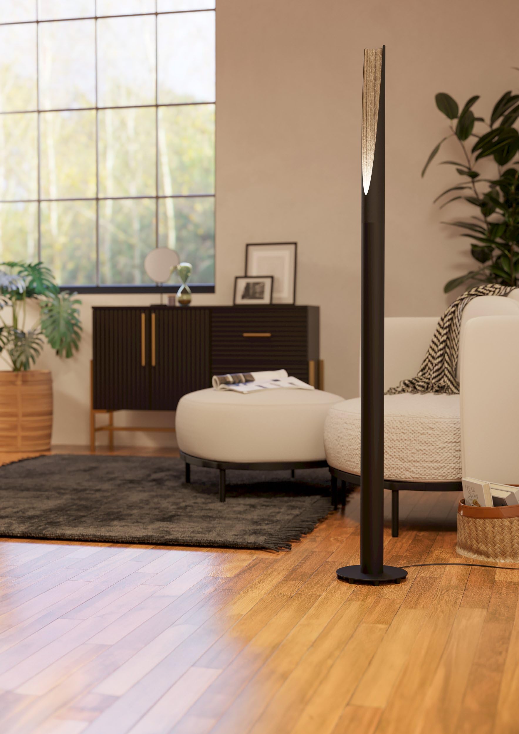 EGLO LED Barbotto Lámpara de pie elegante, lámpara esquinera, de pie | de acero negro y madera natural, lámpara para salón, blanco cálido, 137 cm, certificado FSC