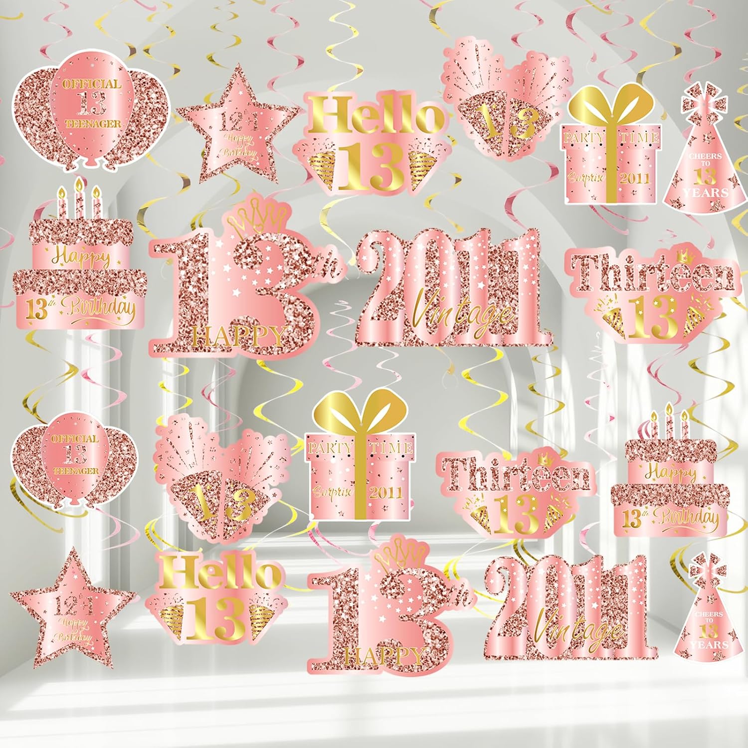 36 piezas de decoración de cumpleaños de 13 años de color rosa dorado para niñas, suministros de fiesta de feliz cumpleaños 13, espirales de