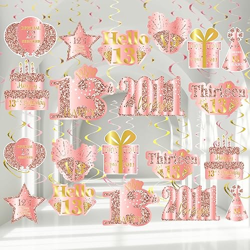 36 piezas de decoración de cumpleaños de 13 años de color rosa dorado para niñas, suministros de fiesta de feliz cumpleaños 13, espirales de