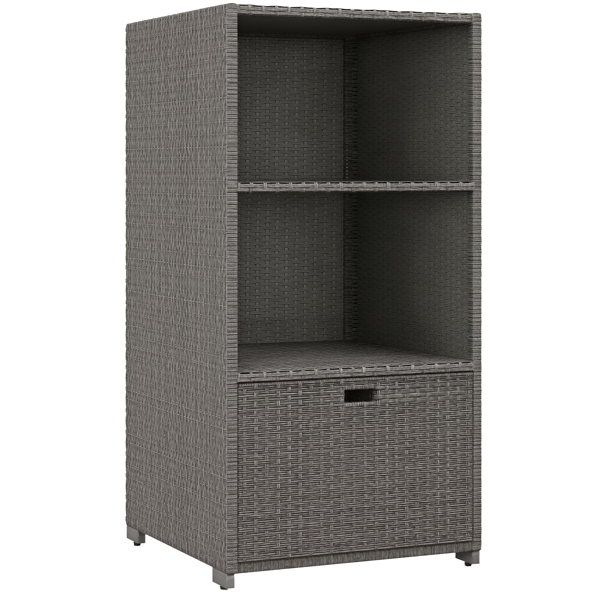 Outsunny Valet Pool Towel Rack, Waterproof PE Plastic Rattan Wicker Storage Organizer, Indoor Outdoor Spa, and Hot Tub Accessory Storage, 2 Shelves, 1 Basket Drawer, Mixed Gray