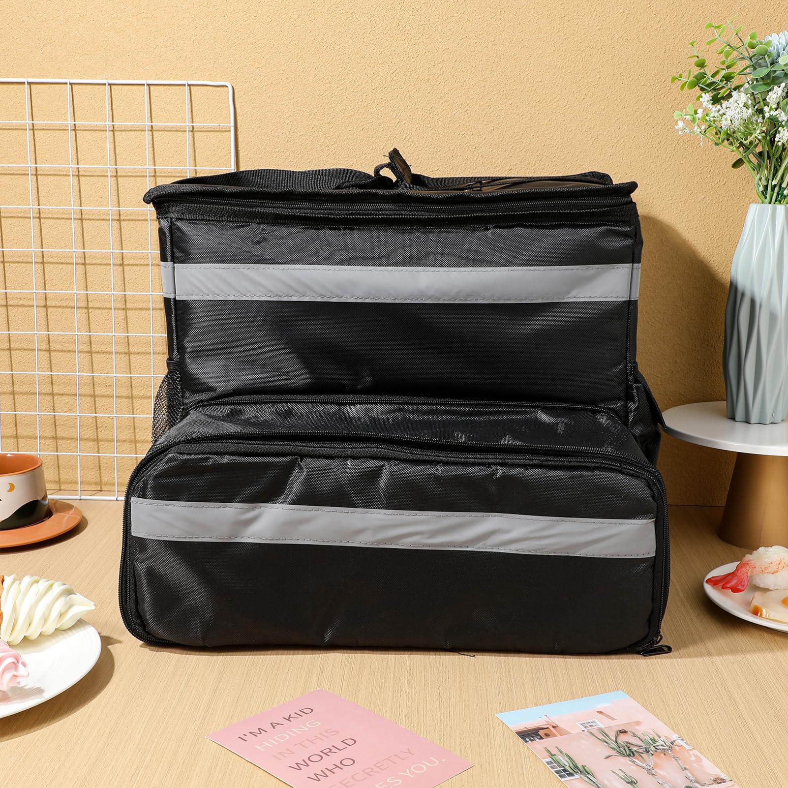 OUNONA Mochila Térmica de Viaje Negra de Oxford para Pizza | Capacidad Grande, Bolsillo Frontal Ampliable, Tiras Reflectantes, Interior Espacioso para Reparto y Camping
