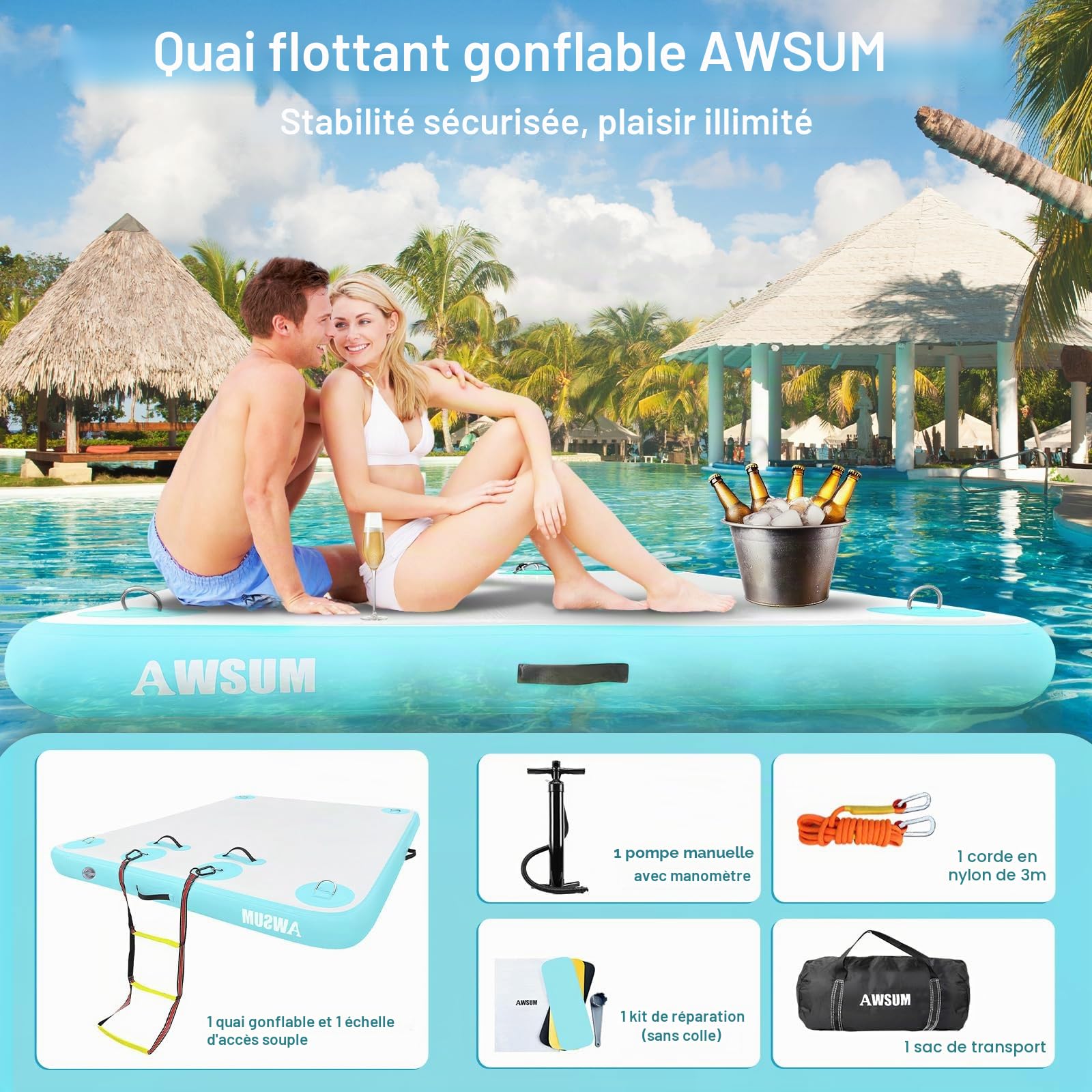 AWSUM Plateforme de bain gonflable Air Dock - Forme de patte flottante - Dock gonflable pour lac, piscine, plage, océan
