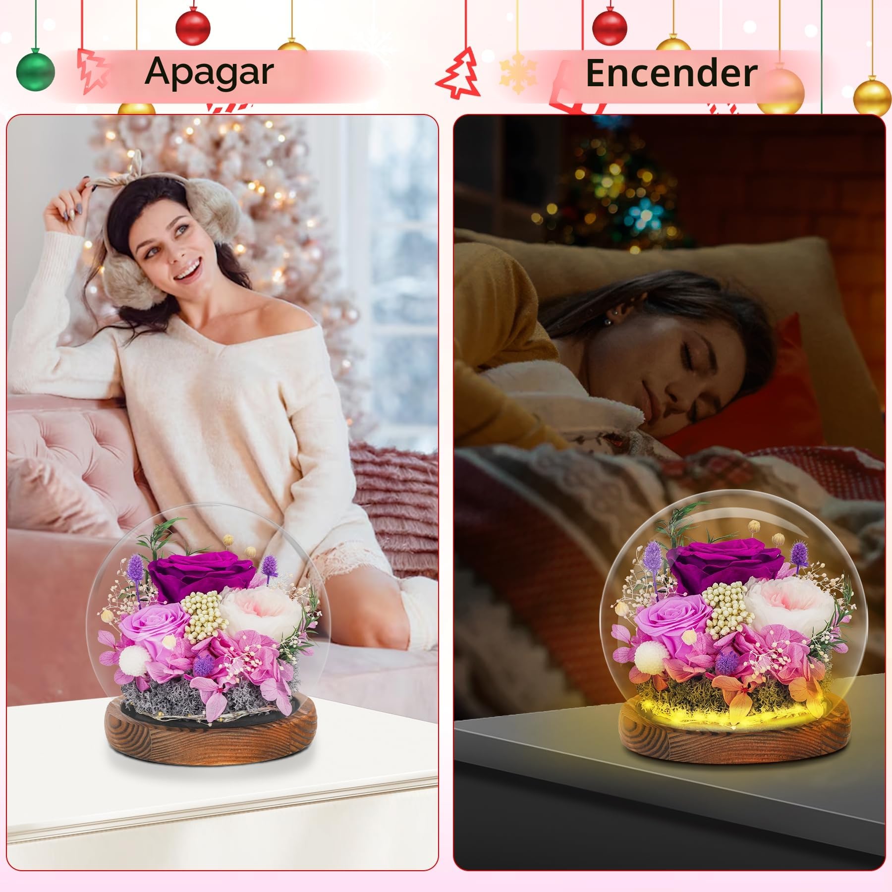 CSYY Rosa Eterna LED Luces Infinito Flor Preservada Bola de Cristal Vidrio Morado y Austin con Hortensias y Flores de Arroz para Mujeres Mamá Novia Esposa Día de Cumpleaños Púrpura