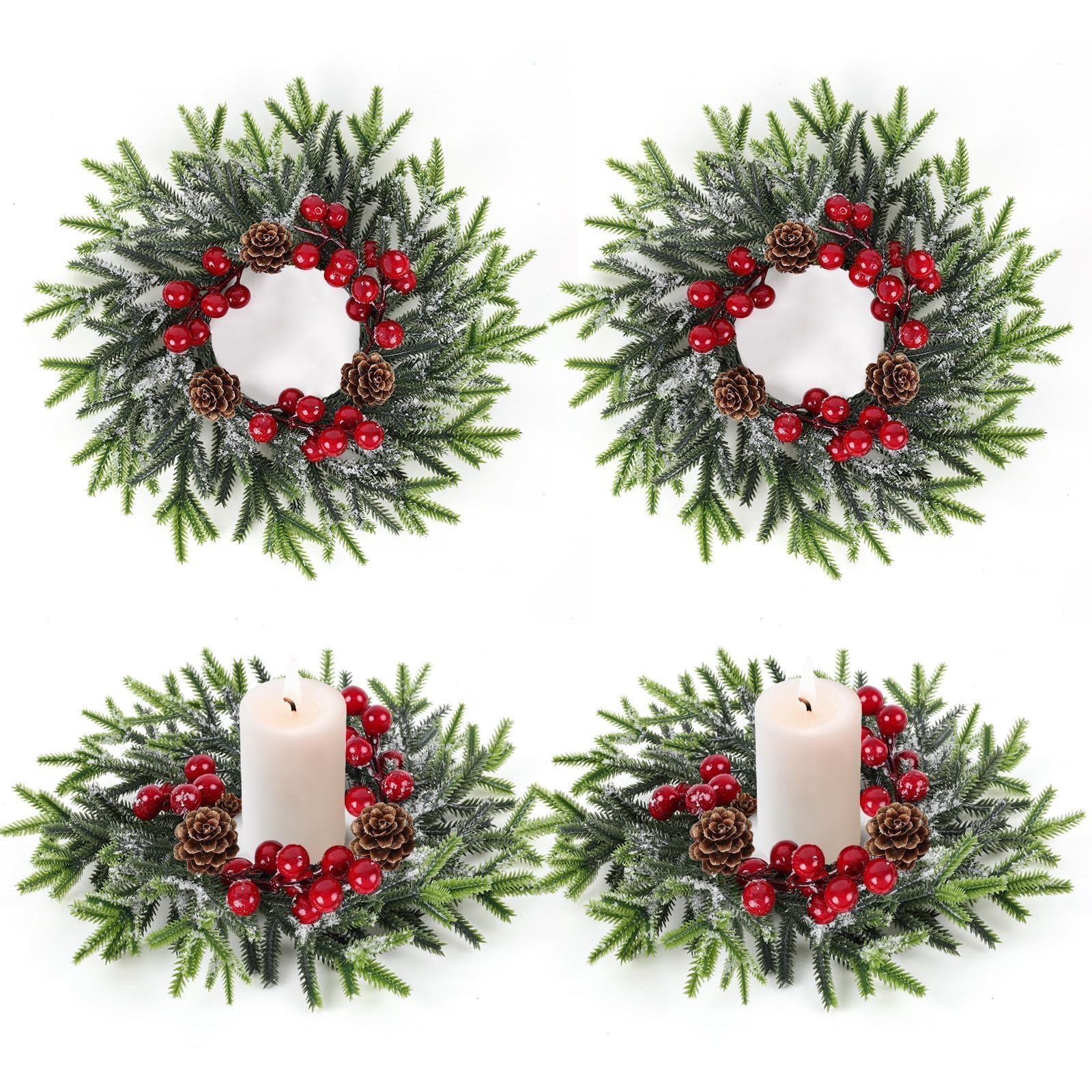 4 Pcs Christmas Candle Rings Wreath Mini Christmas Table Centerpieces Red Berry Pinecones Wreaths for for Front Door Kitchen Cabinet Holiday Party Farmhouse Porch Wall Outdoor Indoor Home Decoration
