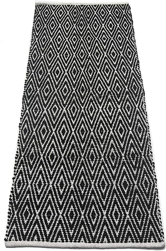 Chardin home Alfombra de diamante 100% algodón totalmente reversible, tamaño del tapete de 2 x 5 pies, lavable a máquina, negro-blanco