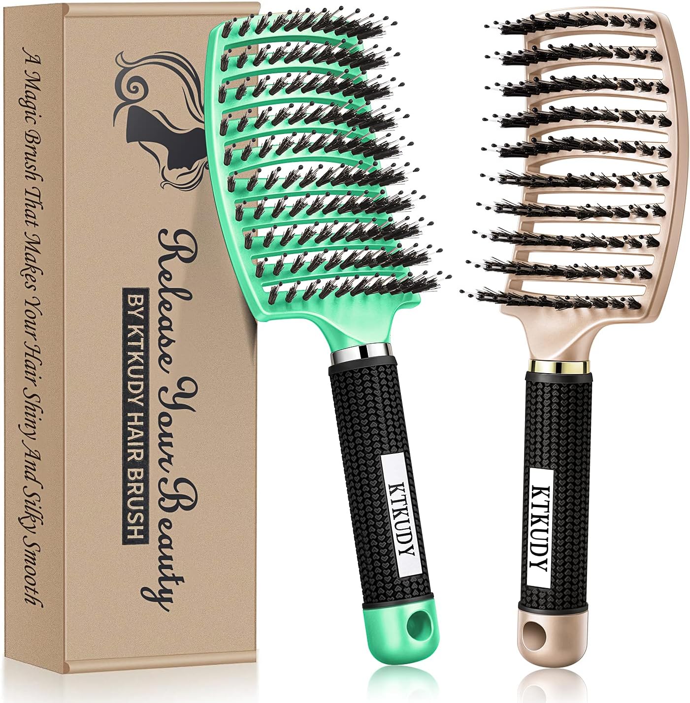 KTKUDY Detangling Brush Getting Knots Out without Pain - Boar Bristles HairBrush Make Hair Shiny & Healthier Vented Detangler Brush for Women Men Kids Wet and Dry Hair (Gold & Green)