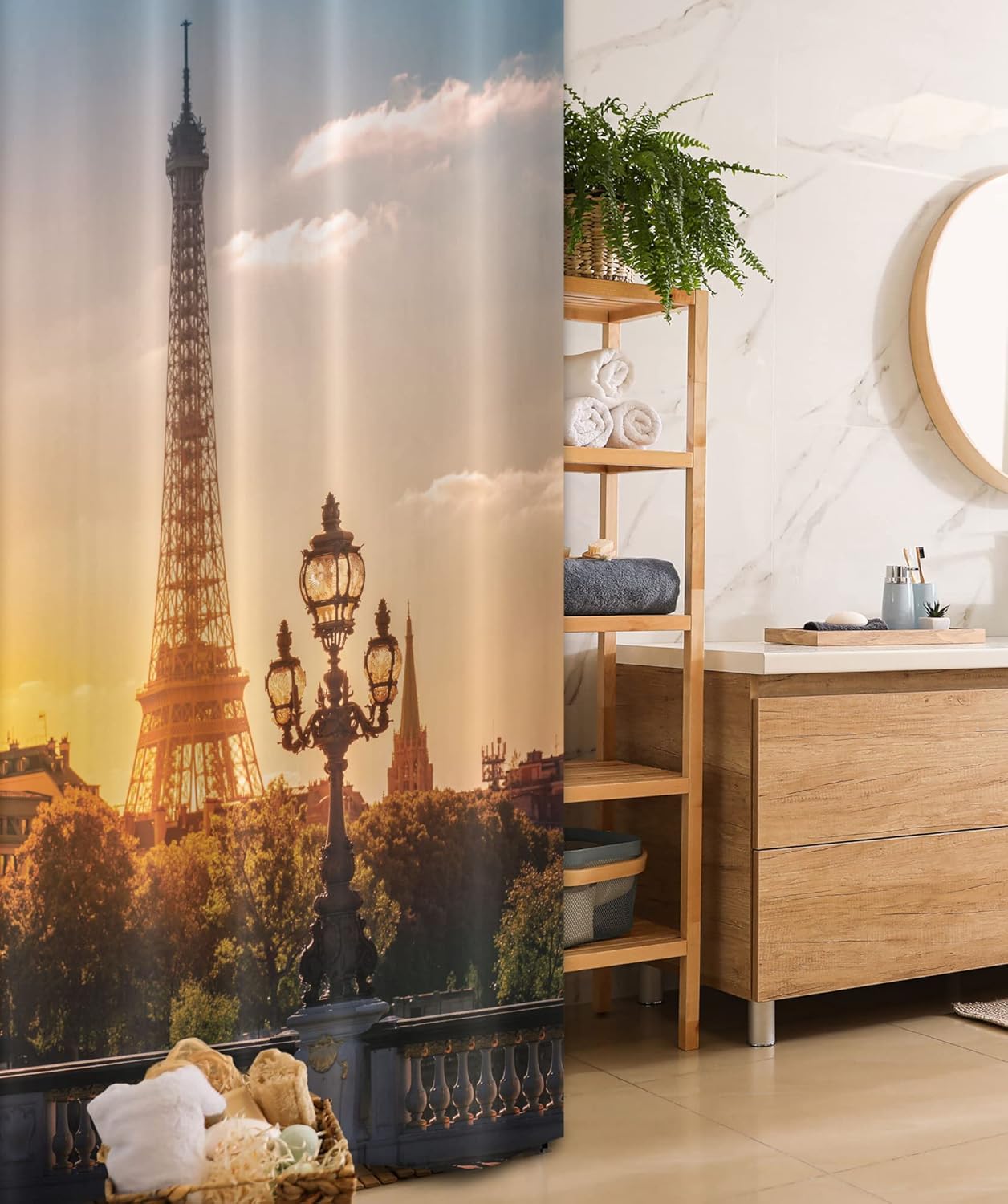 Ambesonne Scenery Stall Shower Curtain, Streets View on Alexandre Bridge Against Eiffel Tower in Paris, France Print, Fabric Bathroom Decor Set with Hooks, 36" W x 72" L, Multicolor