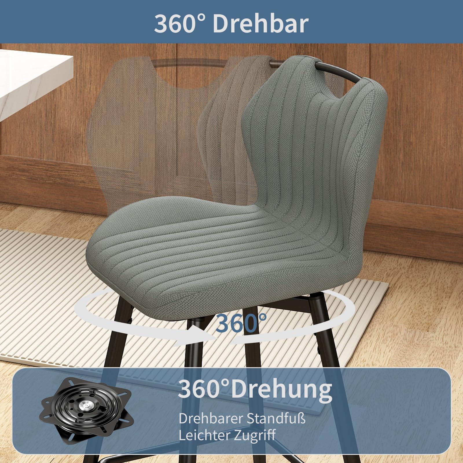 WAFTING 360° Drehbar Barhocker 2er Set, 75cm Sitzhöhe, Atmungsaktiver Barstuhl mit Griff, aus Stoff, Gepolstert, mit Lehne & Fußstütze, für Küche, Theke, Esszimmer, Dunkelgrau