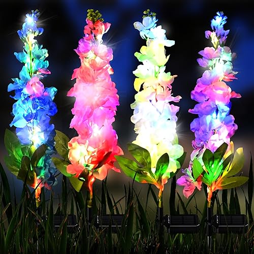 Luces solares de jardín, luces solares de flores de delphinium impermeables para exteriores, panel solar de carga rápida mejorada y encendido y