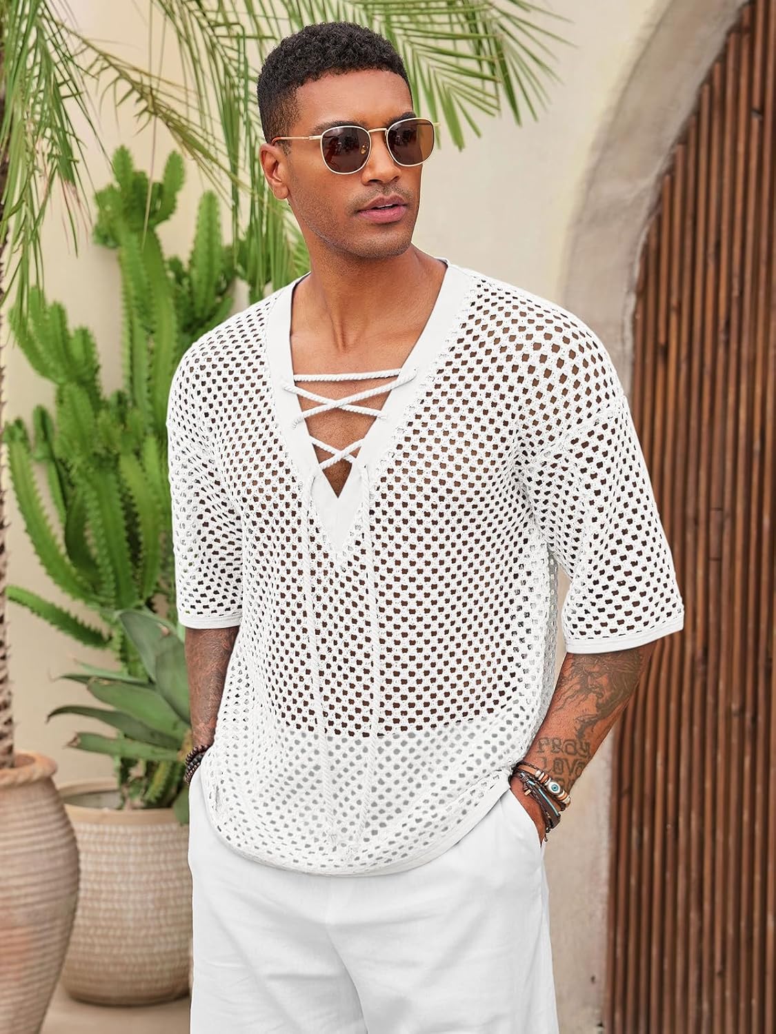 Runcati Mens Lace Up Beach Shirts Hollow Out V Neck Half Sleeve T Shirts Knit Crochet See Through Summer Tops - Image 3