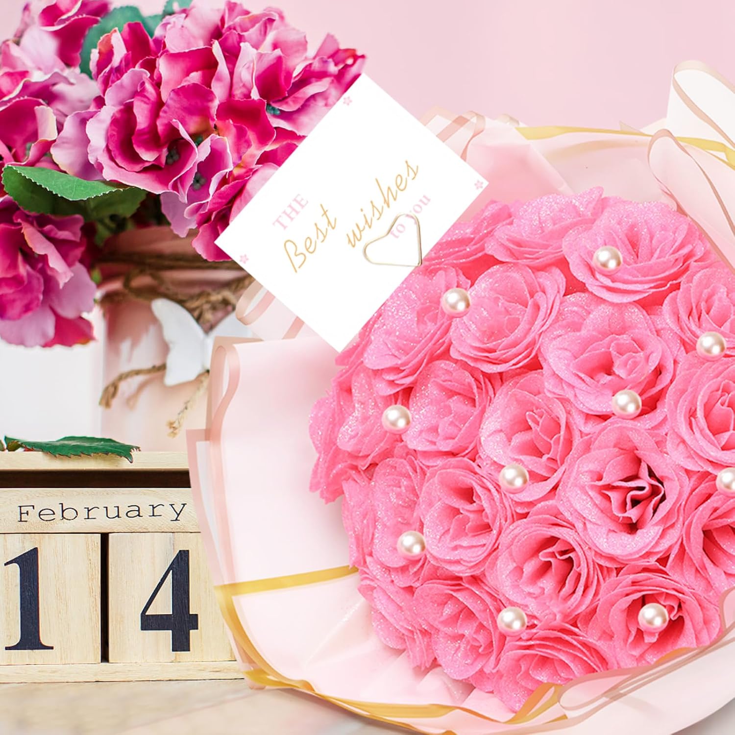 TLY Glitter Roses Bouquet Pink Flower Bouquet DIY Fake Roses Flowers with Wrapping Paper Crowns Cards Pink Rose Artificial Flowers for Valentines Day Mothers Day Anniversary Engagement Wedding - Image 4