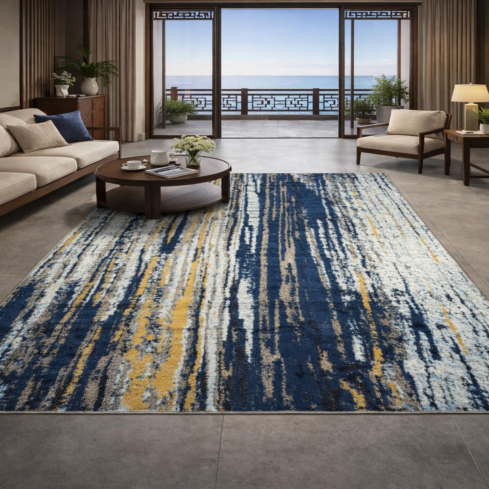 Tapis de salon abstrait bleu marine et jaune 120x200 cm