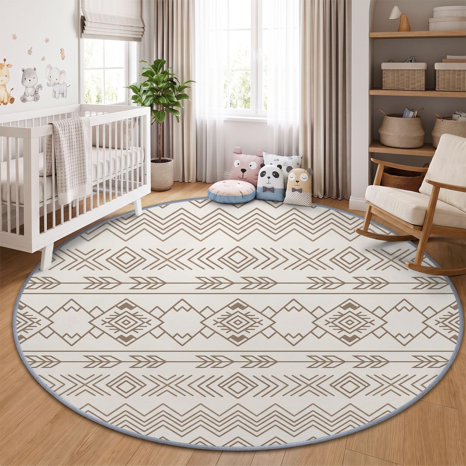 Okrągły dywan 180 cm styl boho geometryczne paski można prać, kremowy