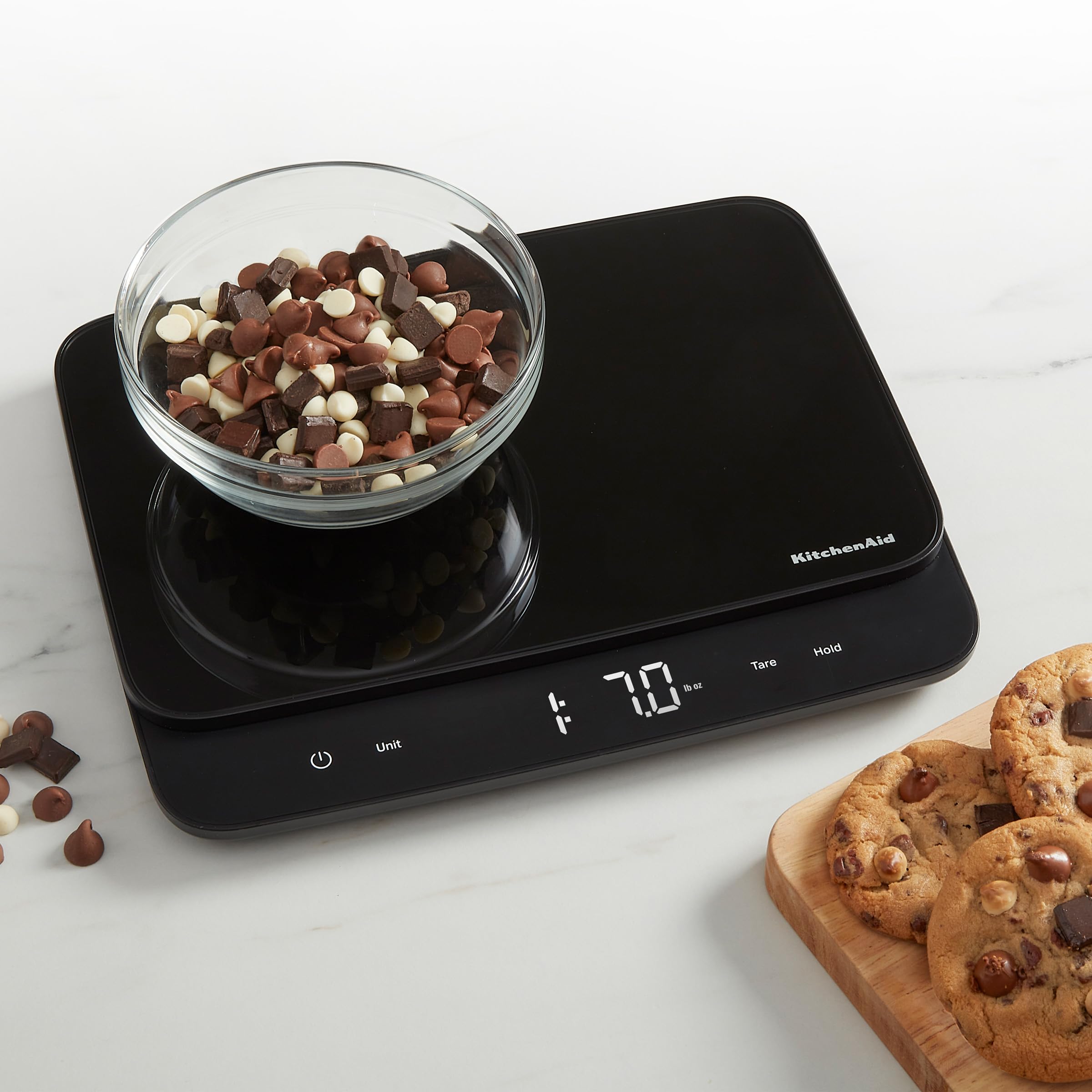 KitchenAid KQ917 - Báscula digital de cocina y alimentos con superficie de vidrio de alta capacidad, capacidad de 30 libras y precisión, gramos, onzas, libras, onzas líquidas y mililitros, LED