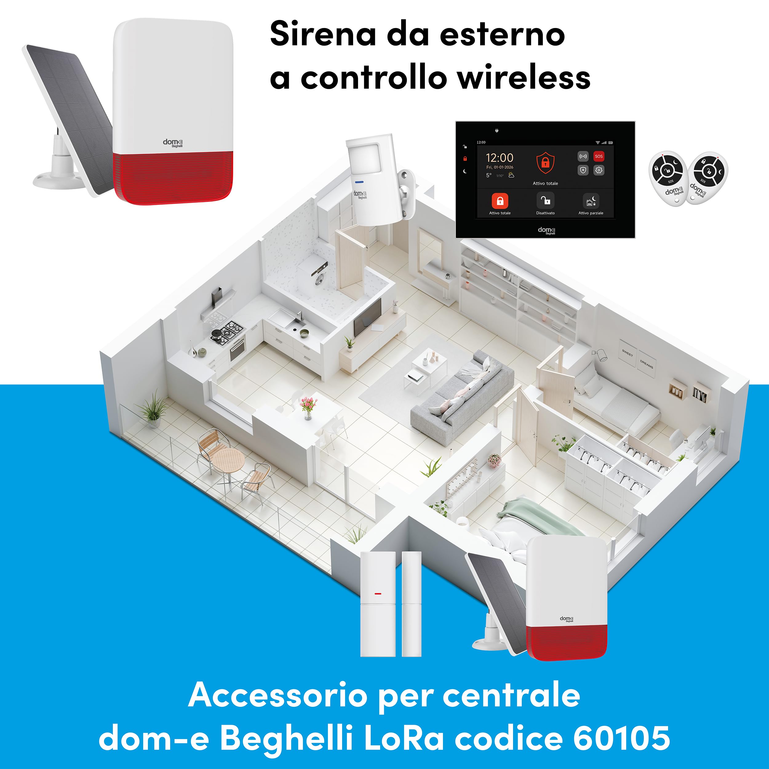 Beghelli - Dom-en, bezprzewodowa syrena zewnętrzna, zasilanie słoneczne 10 W i sieć 230 V, technologia LoRa, do centralnego Dom-e Cod. 60105, IP65, sygnalizacja świetlna i dźwiękowa
