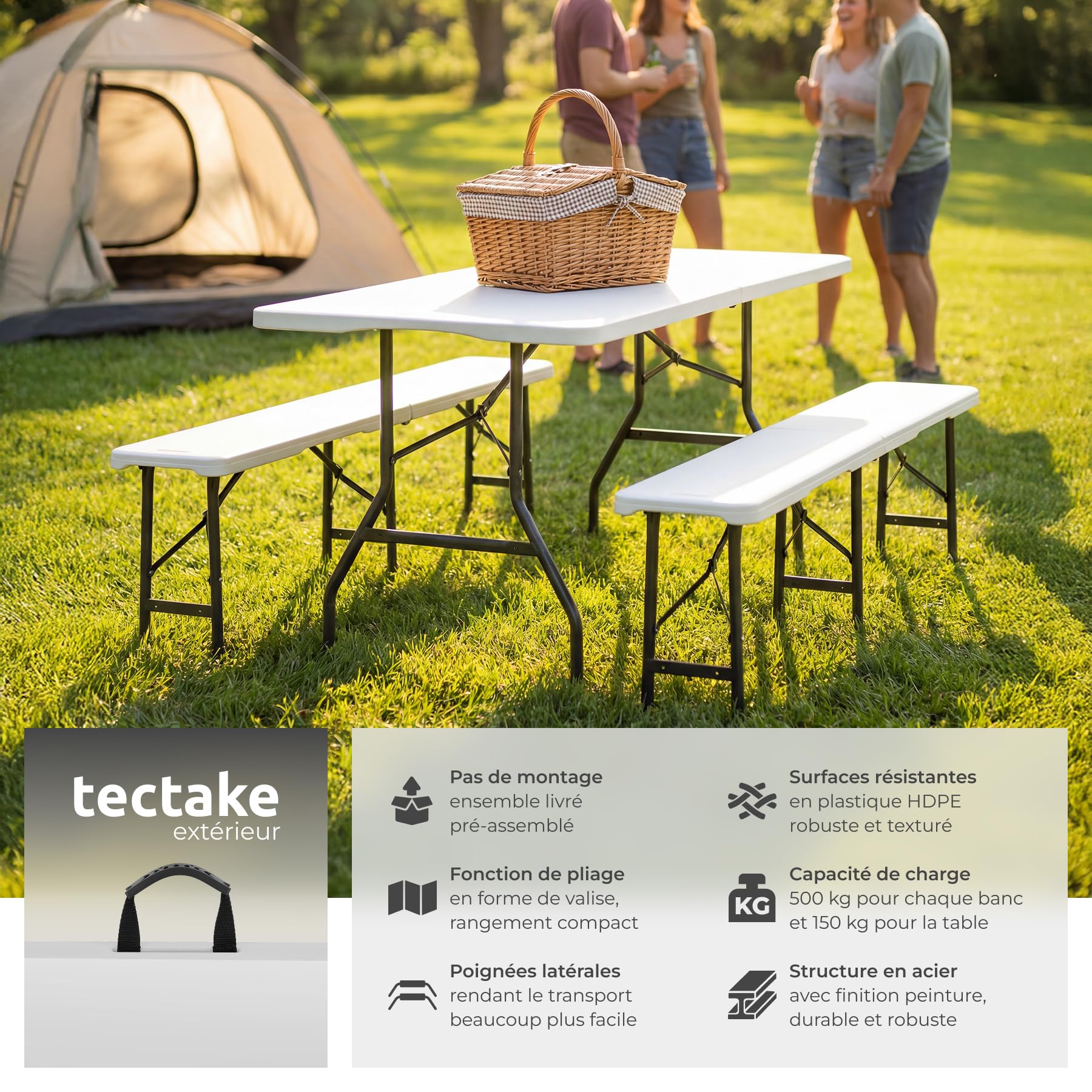 tectake® Ensemble Table de Camping et 2 Bancs, Résistant aux intempéries et Pliable, Table extérieure 180x74x72 cm, Bancs 180x25x43 cm, Mobilier de Camping 8 Personnes, Jardin, Pique-Nique - Blanc