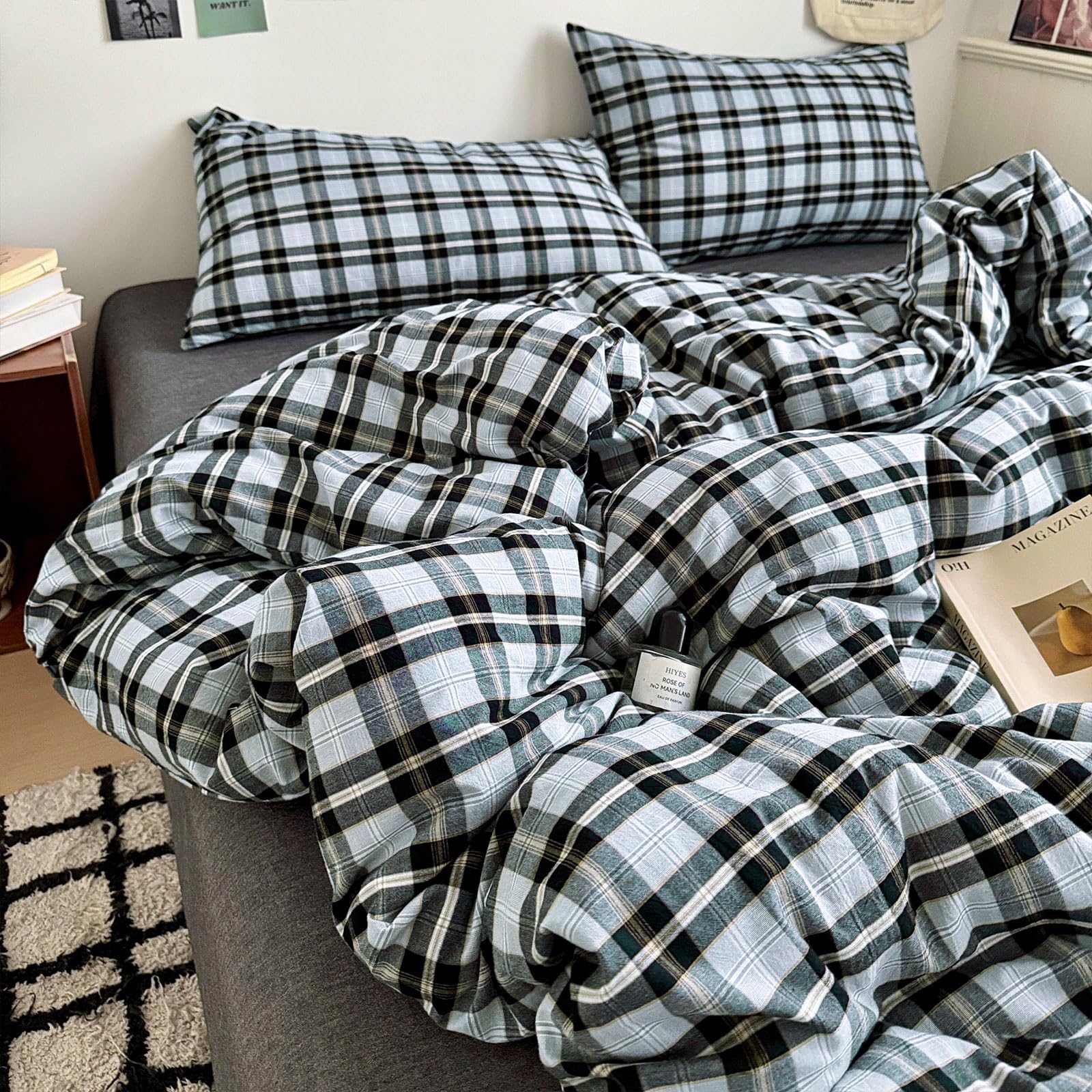 Vintage Grey White Buffalo Plaid Duvet Cover Full Size Modern Soft 3 Piece Washed Cotton Bedding Set Soft Breathable Plaid Comforter Cover Farmhouse Checkered Grid Duvet Cover Gingham Bedding Set — image 1