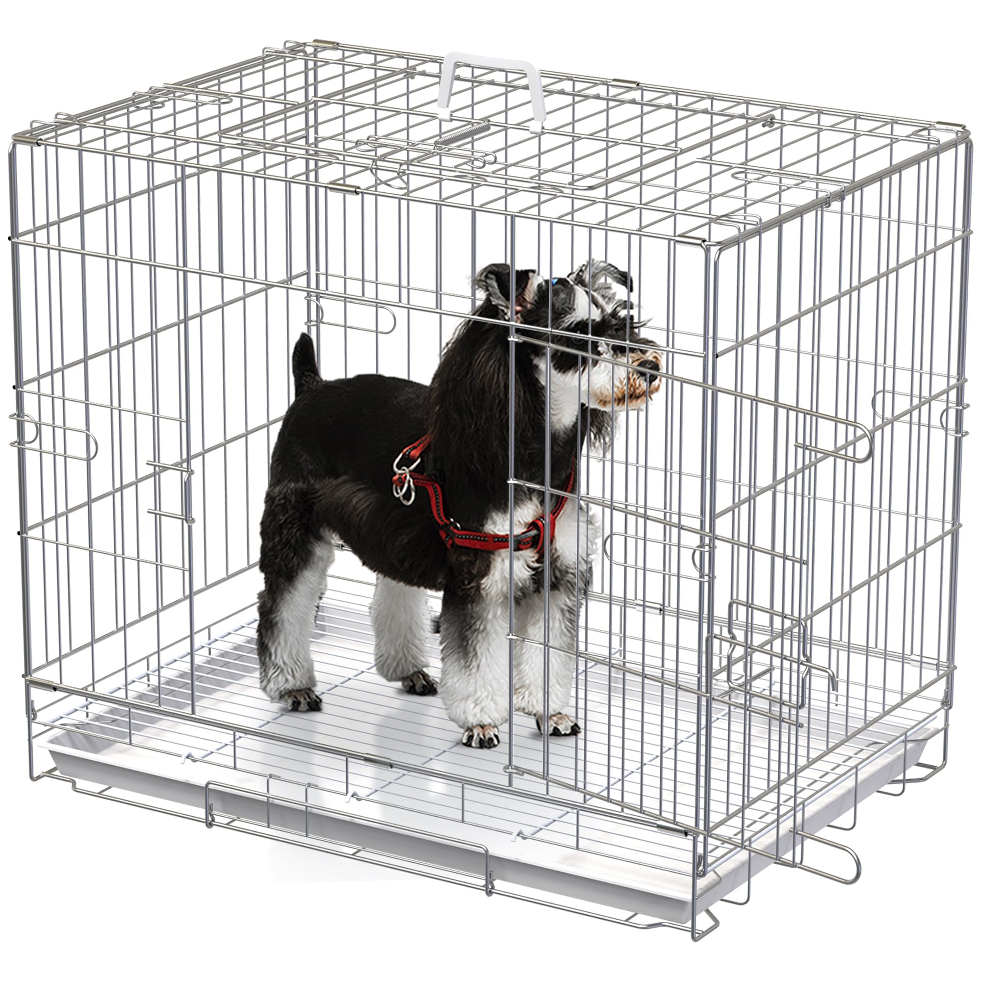 PawHut Folding Dog Cage Metal Kennel 61 x 43 x 50 cm Metal Dog Cage with Removable Tray and 2 Doors with White Latch
